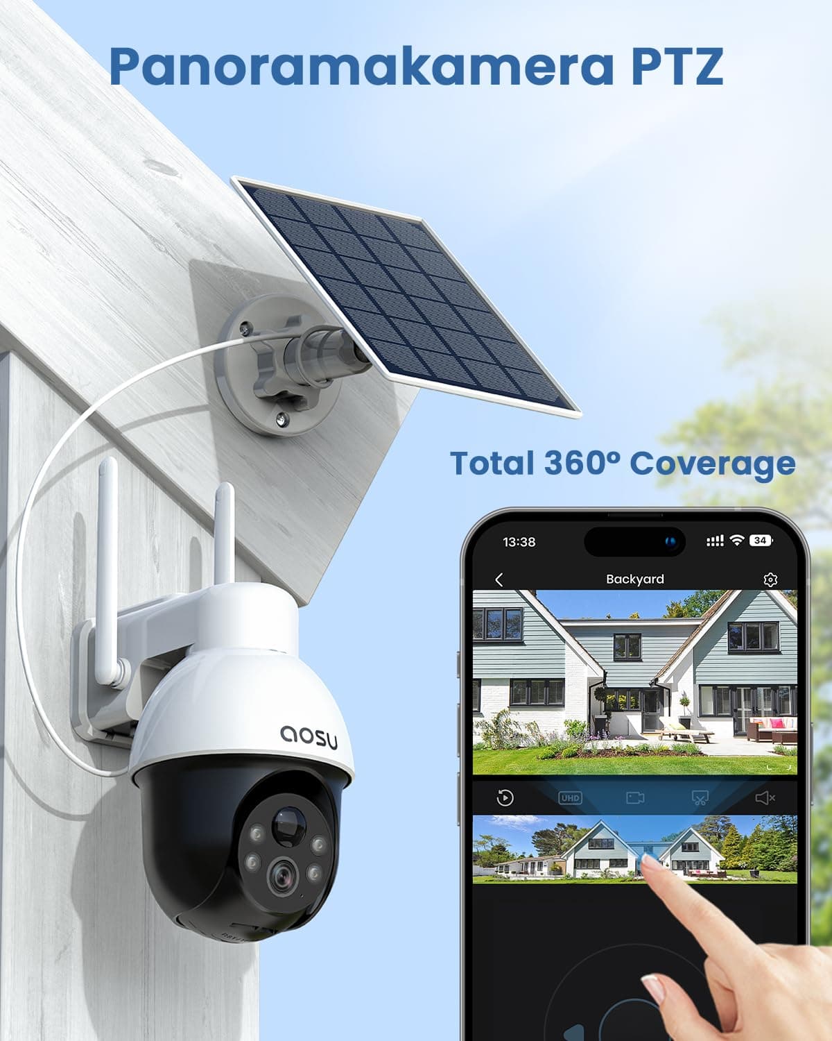aosu 3K 5MP Solar Security Camera Wireless Outdoor PTZ 360° Smart Tracking, view 2