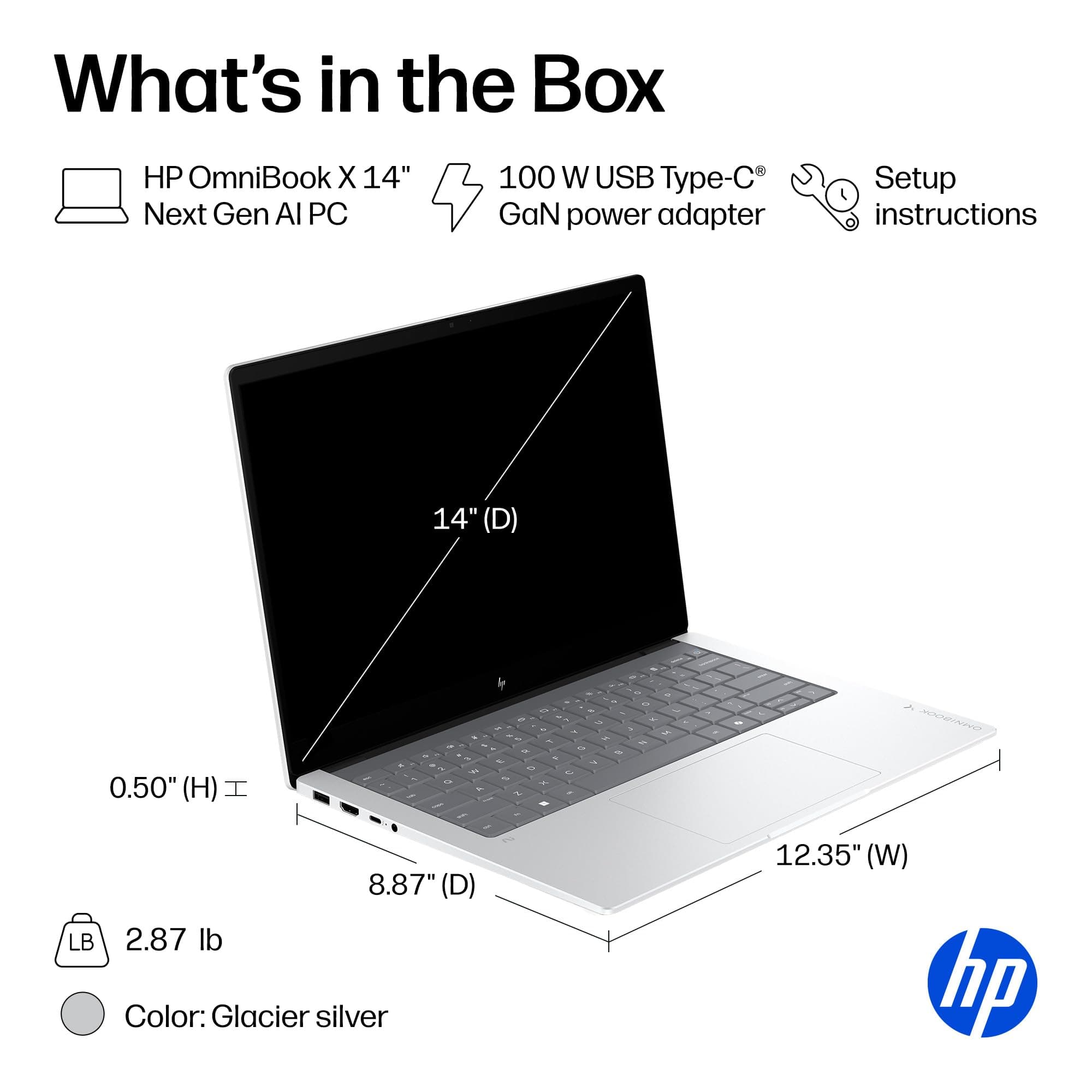 HP OmniBook X 14 inch Next Gen AI PC, 3K Touchscreen, Intel® CORE™ Ultra 7 Processor 356H, 24 GB RAM, 1 TB SSD, Intel Graphics, Windows 11 Home, Glacier Silver, 14-ka0099nr (2026), view 14