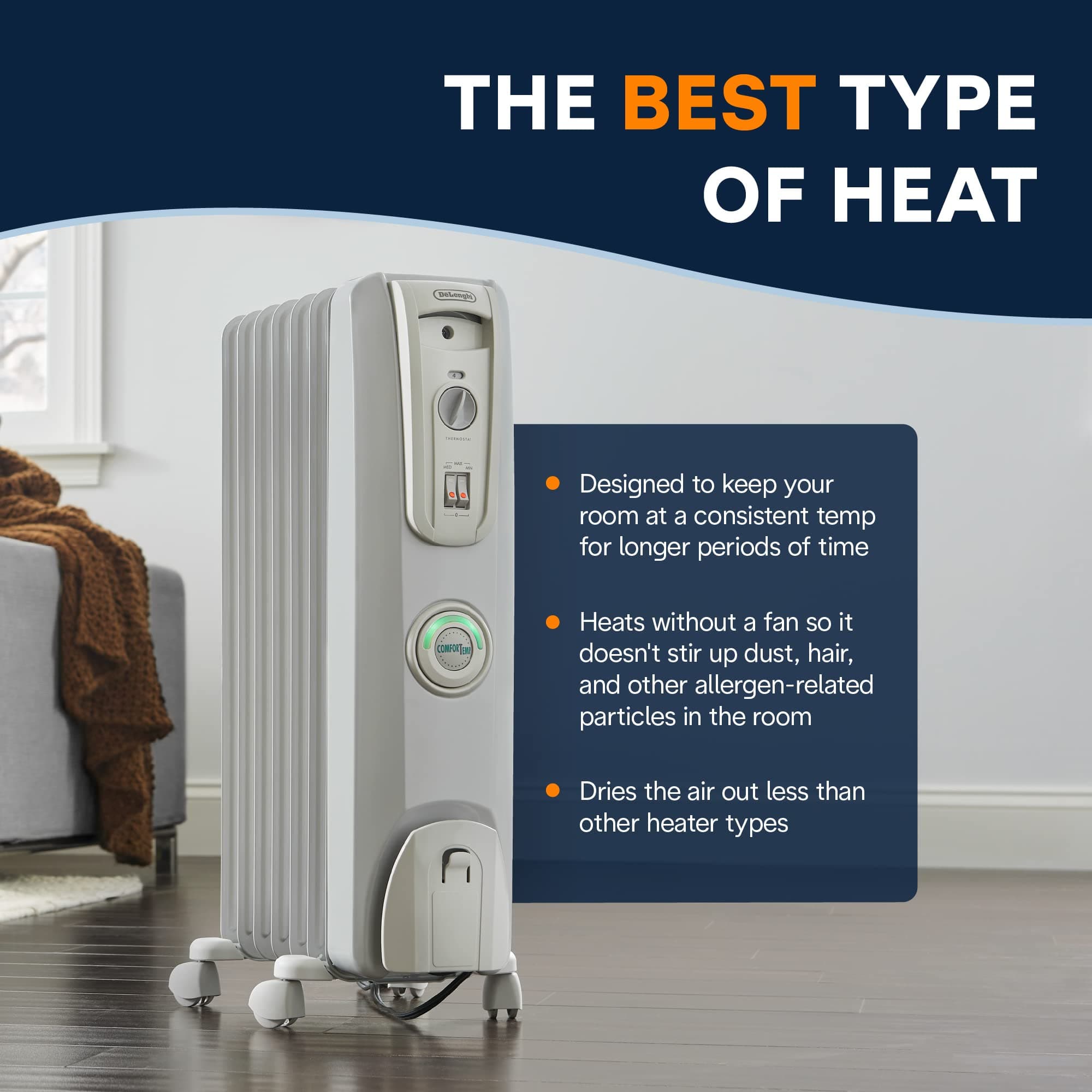 De'Longhi Oil filled Radiator Heater, 1500W Electric Space Heater for indoor use, portable room heater, Energy Saving, full room like office and bedroom with safety features, EW7707CM, view 3
