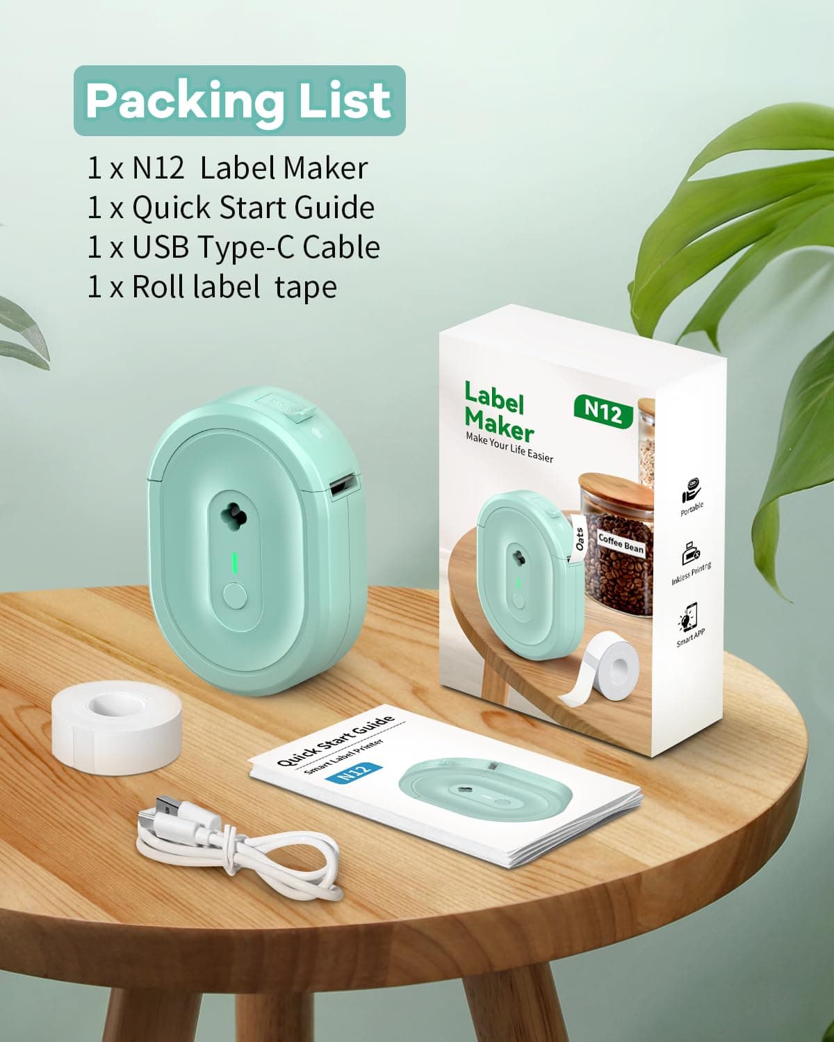 NDYIN N12 Label Maker Machine with 1 Tape Bluetooth Label Printer, Green, view 7