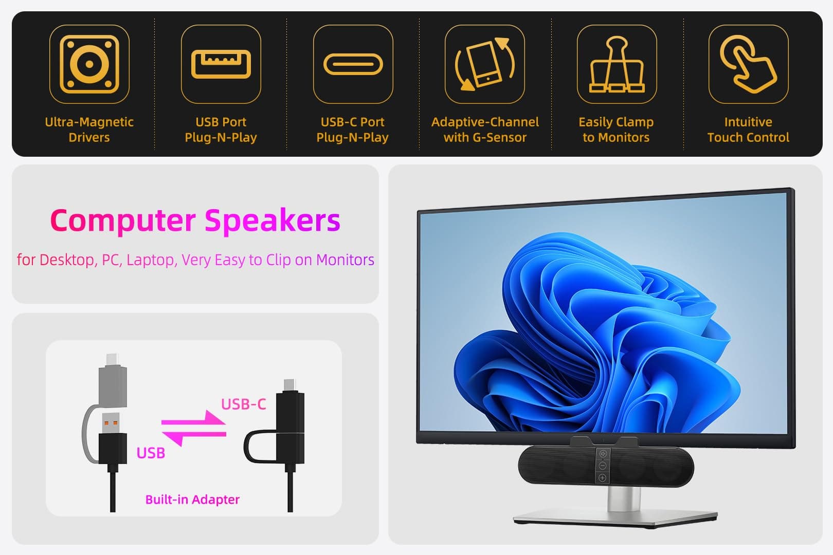 Computer Speakers for Desktop PC Monitor, USB Plug-in, Wired, Computer Soundbar for PC, Laptop Speakers with Adaptive-Channel-Switching, Loud Sound, Deep Bass, USB C Adapter, Easy to Clip on Monitor, view 2