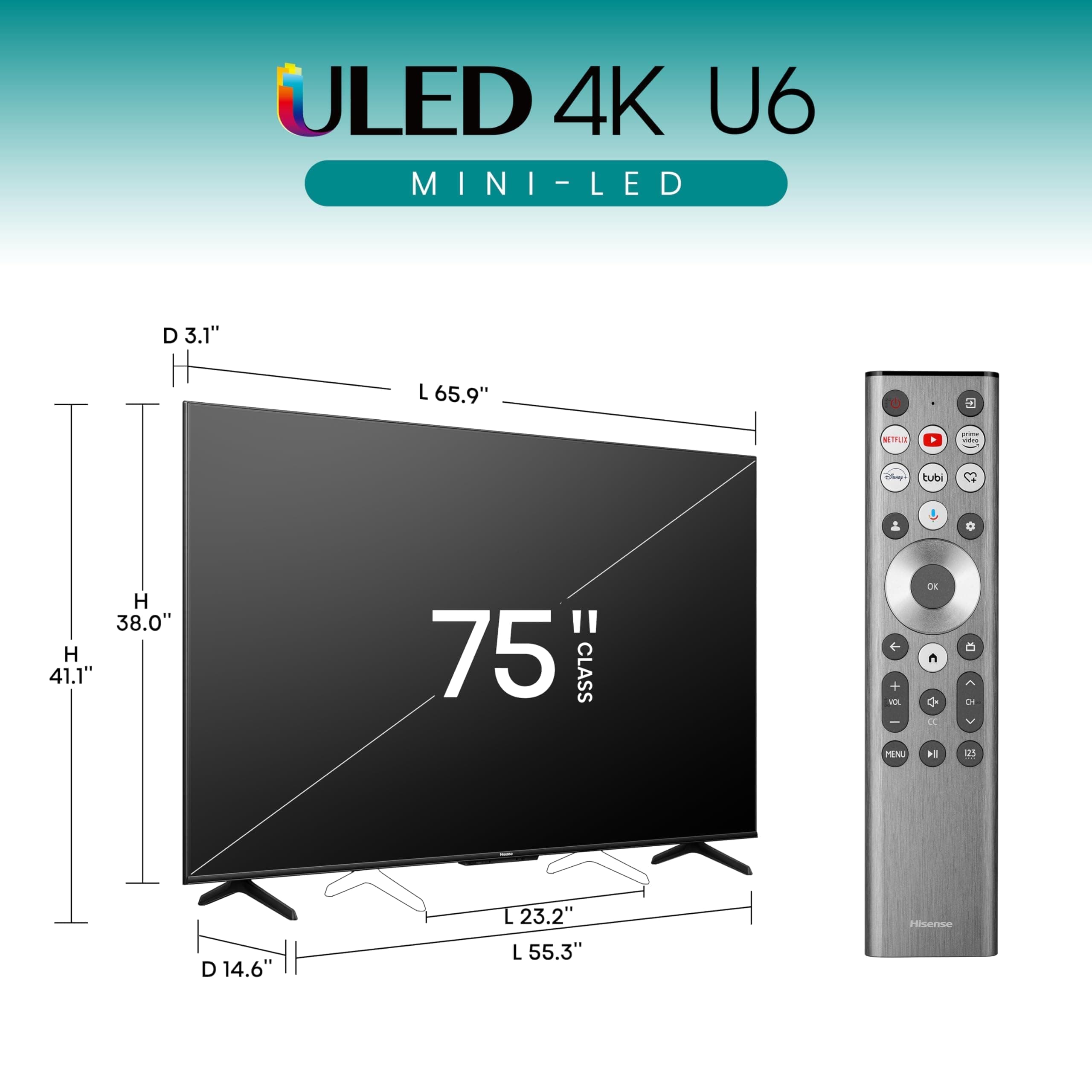Hisense 75-Inch Class U6 Series Mini-LED ULED 4K UHD Google Smart TV (75U6N) - QLED, Motion Rate 240, HDR 10+, Full Array Local Dimming, Game Mode Plus, Alexa Compatibility, view 2