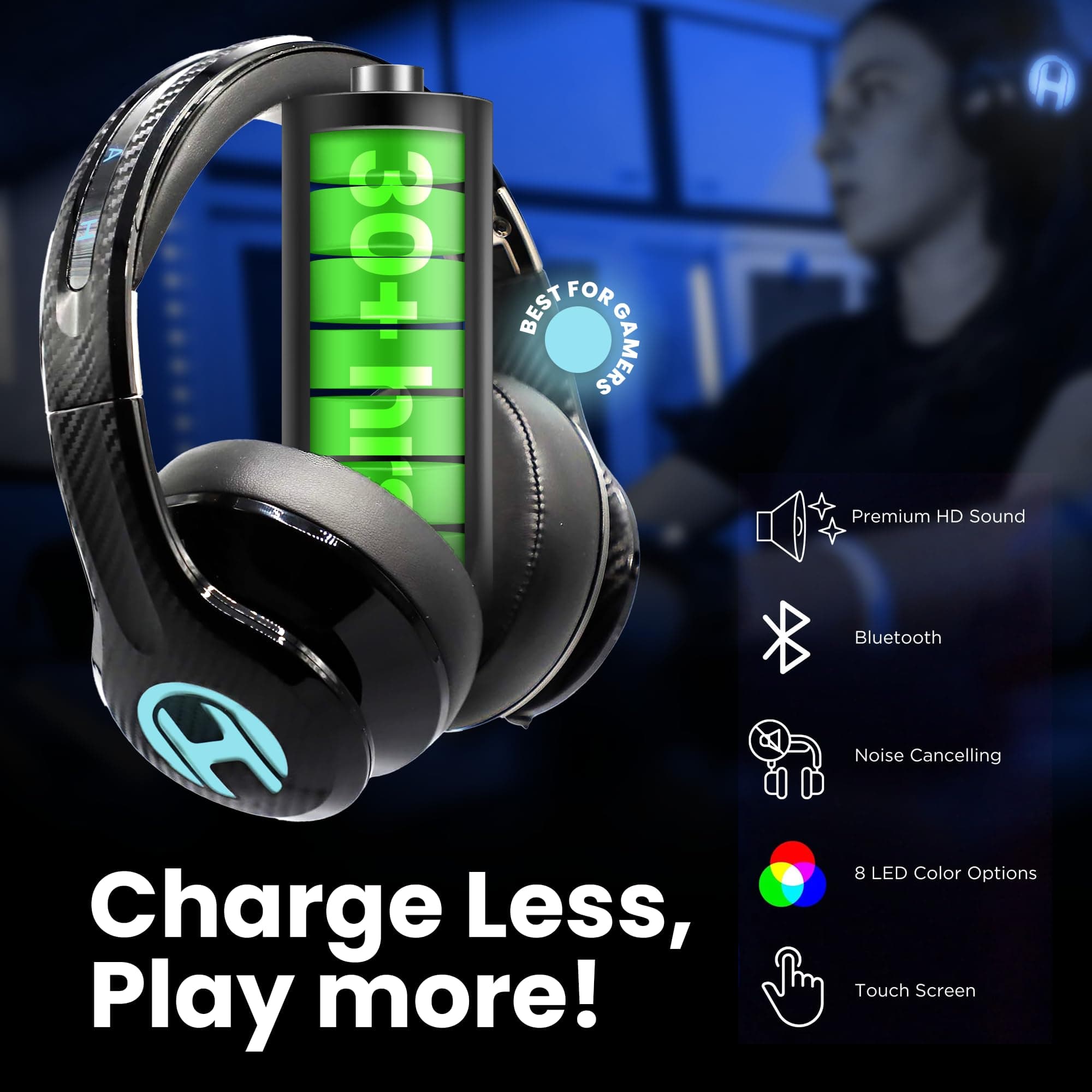 HAYMAKER Noise Cancelling Bluetooth Gaming Headphones - Dirac 3D Surround with 30+ Hr Battery, Touch Controls and RGB - Gaming Headsets for PS5, Xbox, PC, Switch & Mobile, view 3