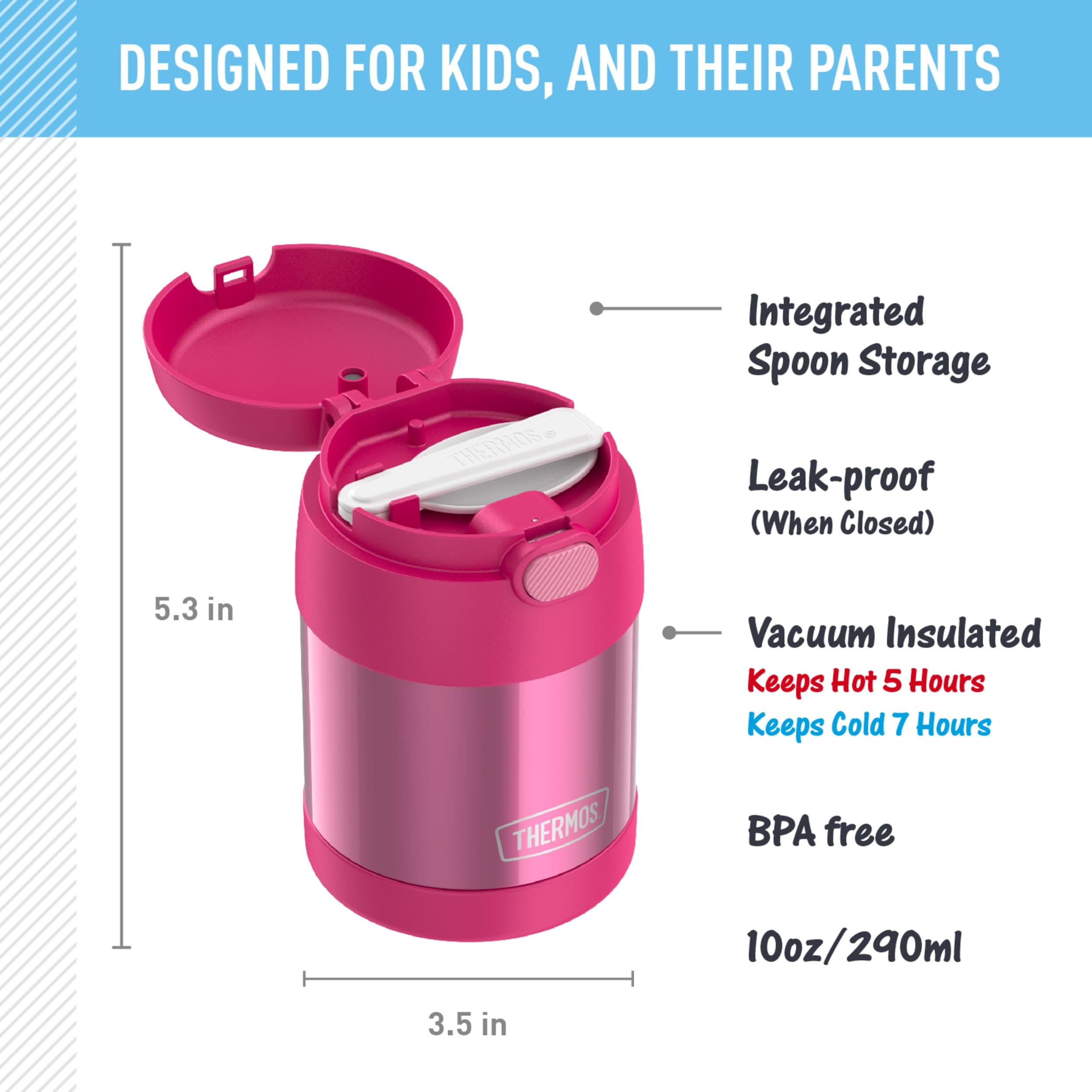 THERMOS FUNTAINER Kids Food Jar with Spoon, 10oz, Pink, view 3
