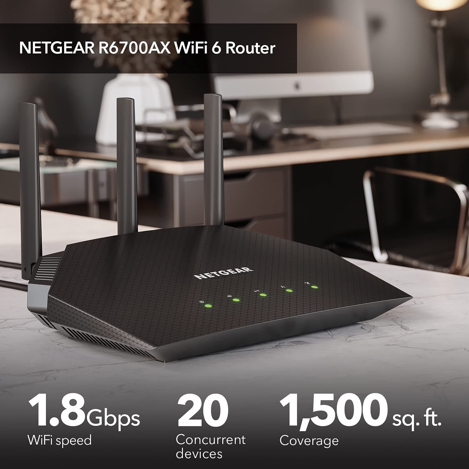 NETGEAR 4-Stream WiFi 6 Router (R6700AX) – Security Features, AX1800 Wireless Speed (Up to 1.8 Gbps), Covers up to 1,500 sq. ft., 20 Devices, view 2