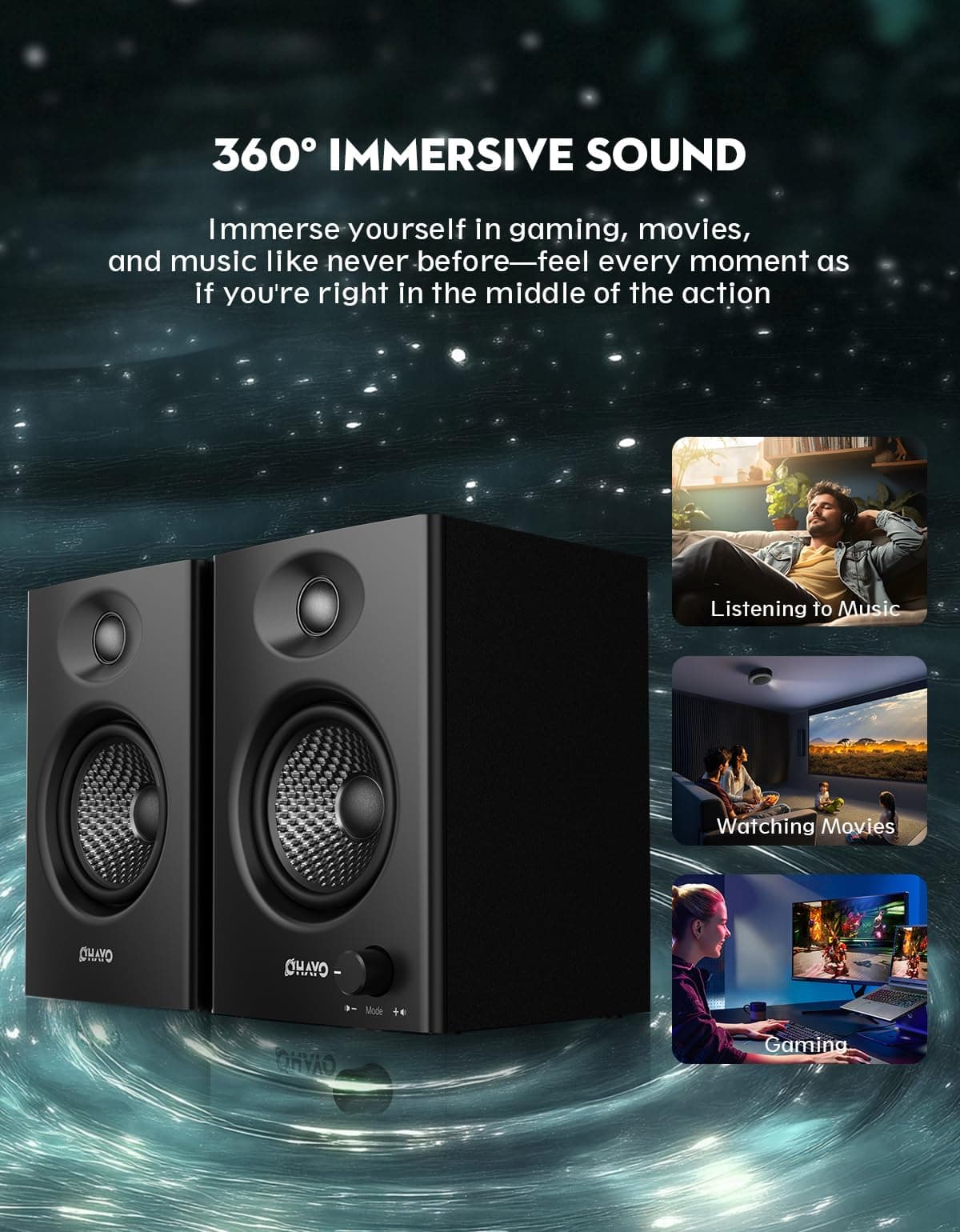 OHAYO 60W Computer Speakers, Bluetooth 5.3, Stereo 2.0, 1 Pair, Black, view 4