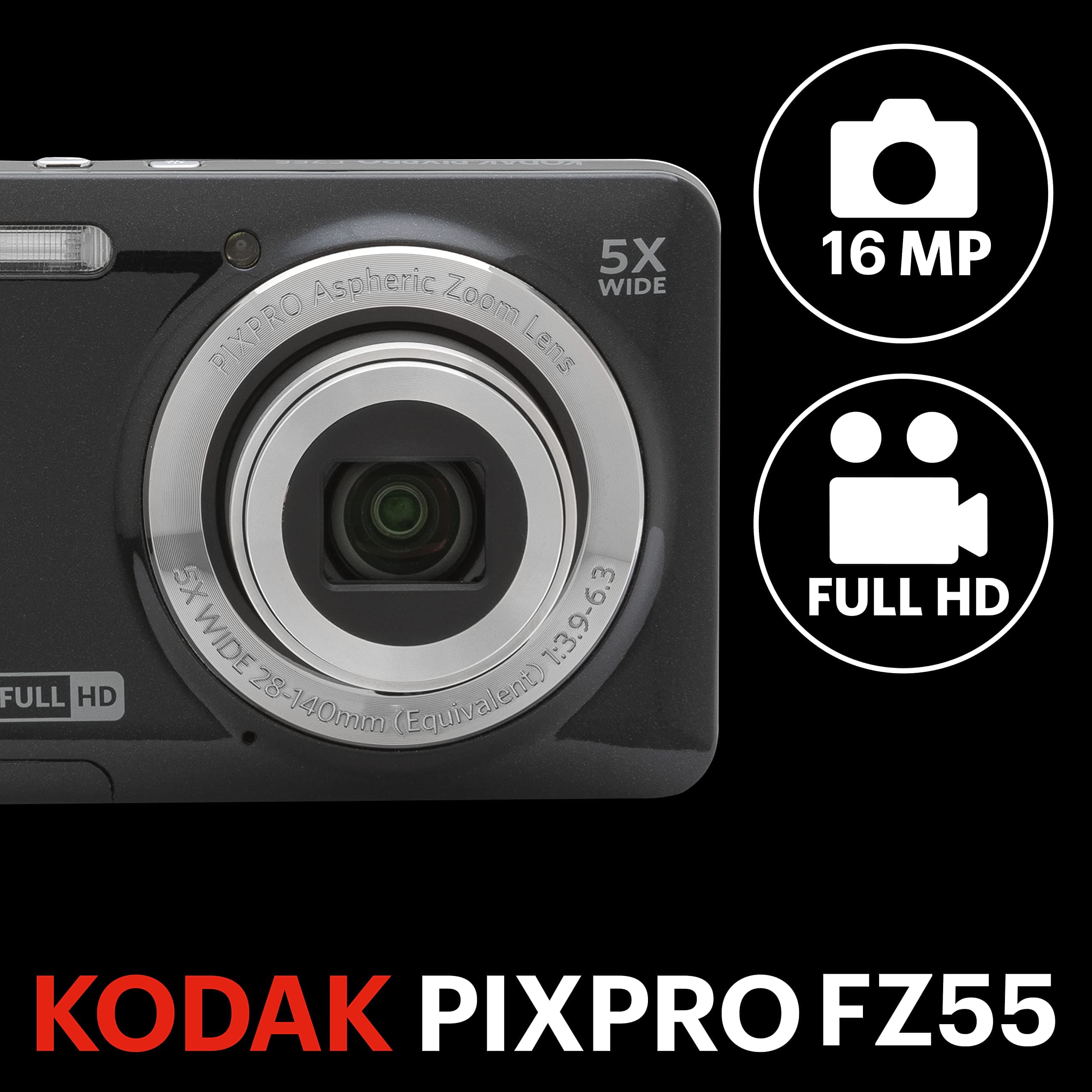 KODAK PIXPRO FZ55 16MP Compact Digital Camera, 5X Optical Zoom, Black, view 3