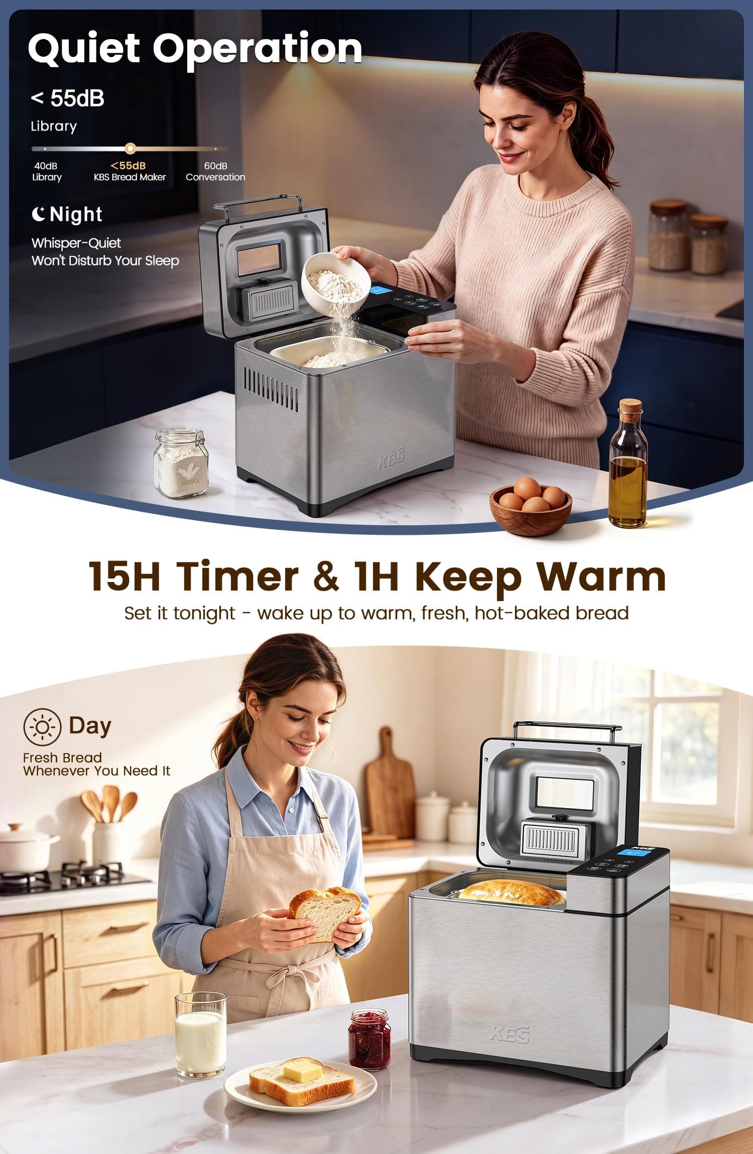 KBS Pro 710W 2.2LB Bread Maker, Stainless Steel 17-in-1 Smart Bread Machine with Healthy Ceramic Pan, Automatic Nut Dispenser, Tempered Glass Touch Panel, 3 Crust Colors, 15H Timer &Keep-Warm, Recipes, view 6