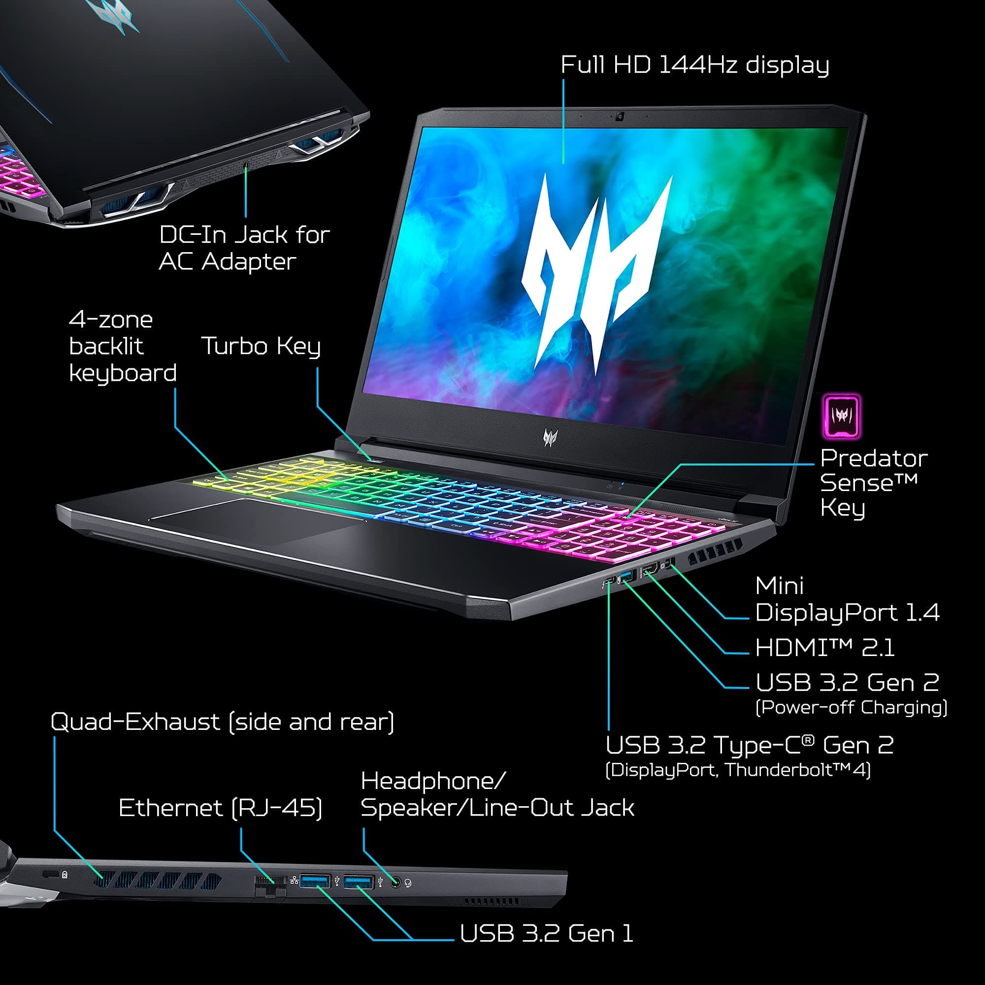 Acer Predator Helios 300 PH315-54-760S Gaming Laptop | Intel i7-11800H | NVIDIA GeForce RTX 3060 GPU | 15.6" FHD 144Hz 3ms IPS Display | 16GB DDR4 | 512GB SSD | Killer WiFi 6 | RGB Keyboard, view 6