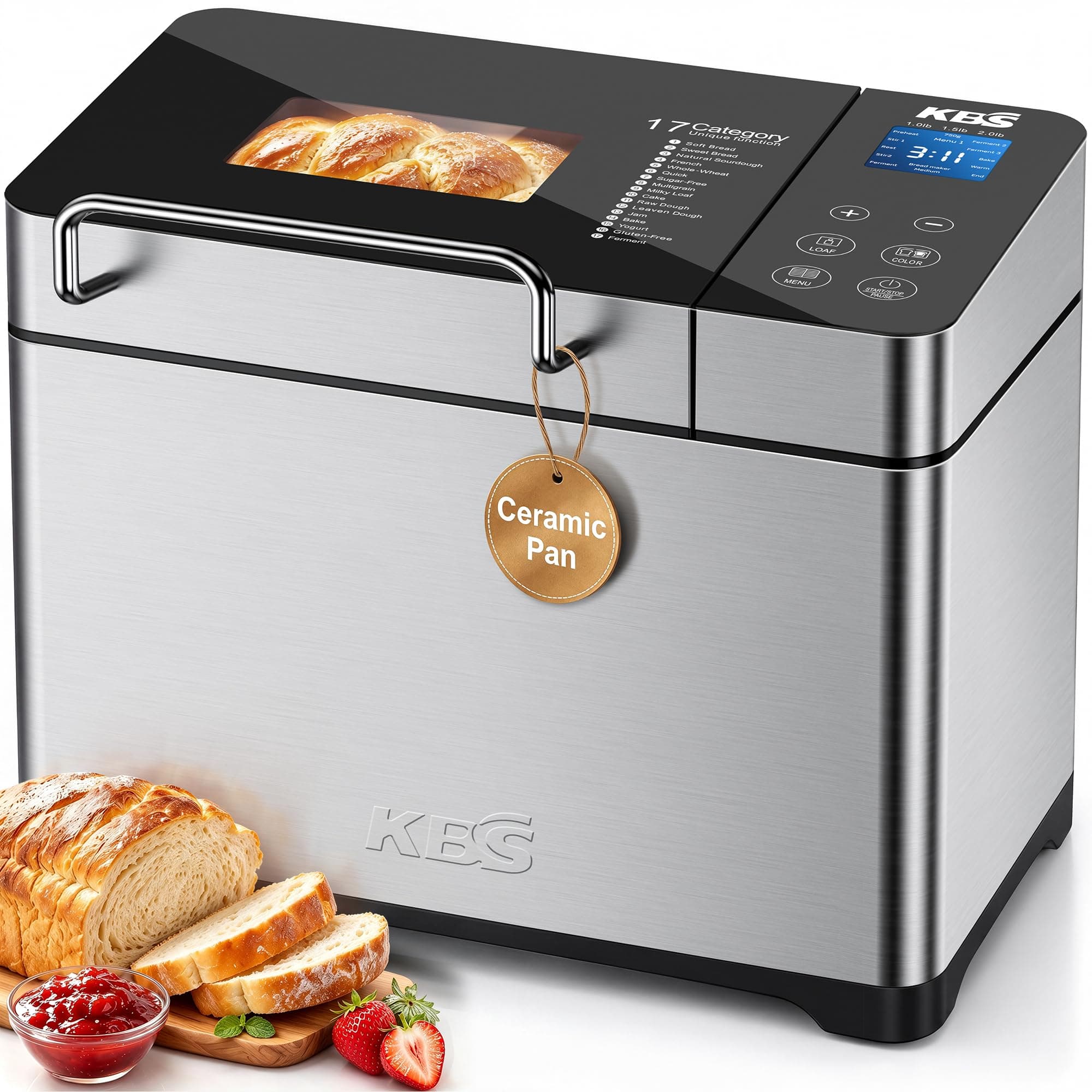 KBS Pro 710W 2.2LB Bread Maker, Stainless Steel 17-in-1 Smart Bread Machine with Healthy Ceramic Pan, Automatic Nut Dispenser, Tempered Glass Touch Panel, 3 Crust Colors, 15H Timer &Keep-Warm, Recipes