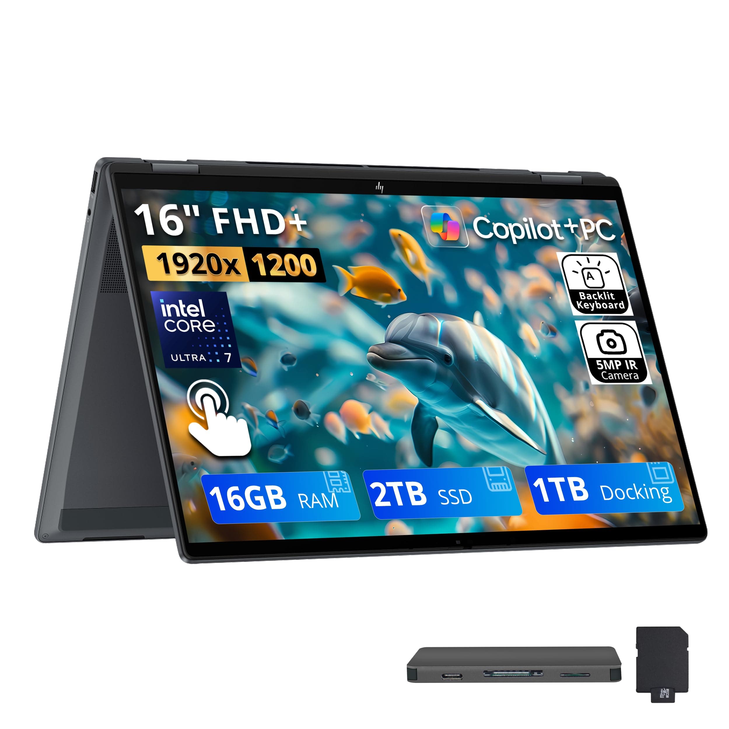 HP OmniBook X Flip 2‑in‑1 16'' 2K Touch Laptop, Intel Ultra 7 256V, 16GB LPDDR5X, 3TB Storage(2TB SSD+1TB Docking Station Set), Intel Graphics, Backlit Keyboard, Wi‑Fi 6E, Win 11, Eclipse Gray