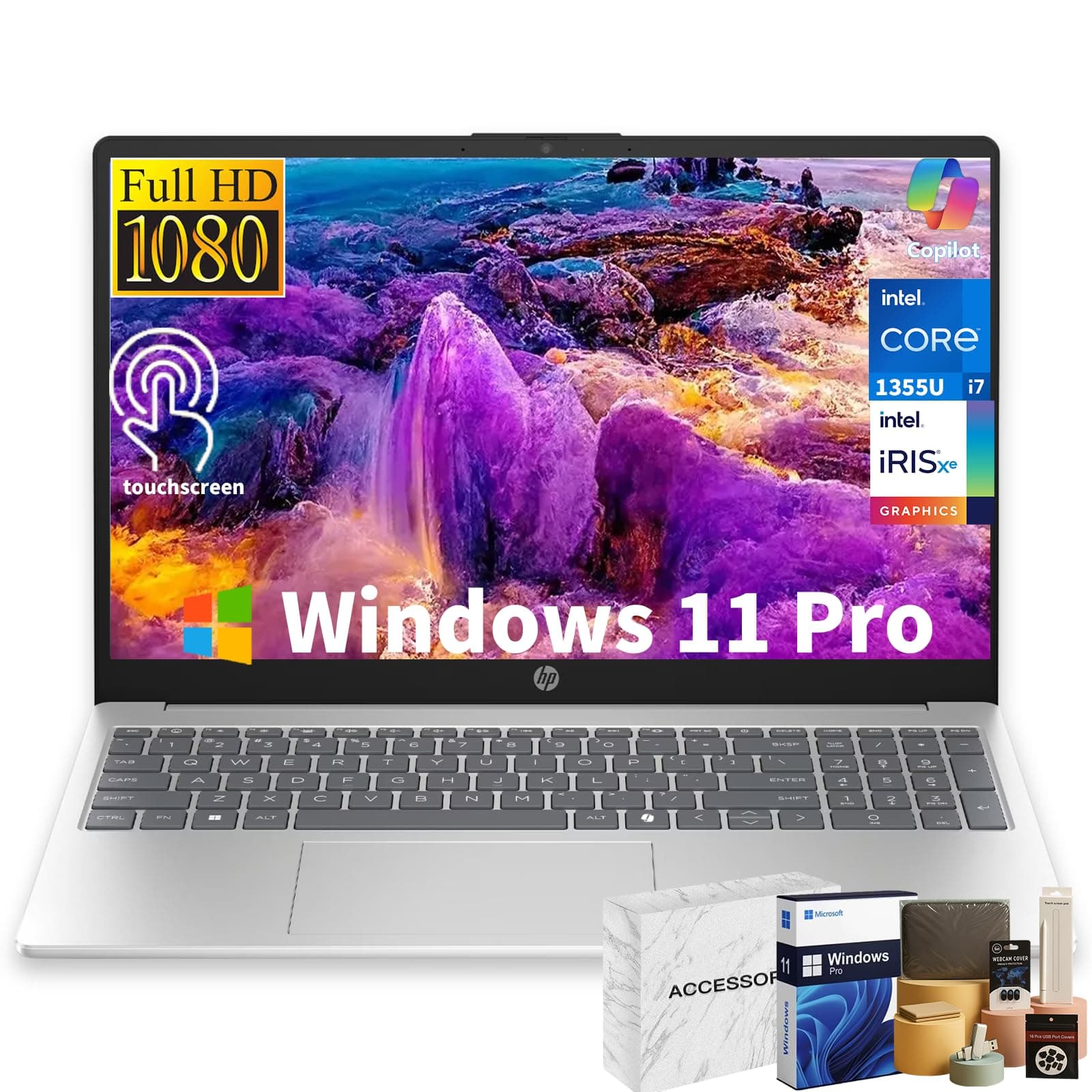 HP 15 Touchscreen Laptop Computer - 15.6" FHD IPS, Intel 10-Core i7 1355U CPU, 16GB RAM + 512GB SSD, Intel Iris Xe Graphics, Numeric Pad, WIFI6, Copilot AI PC, Win11 Pro, w/Accessoires