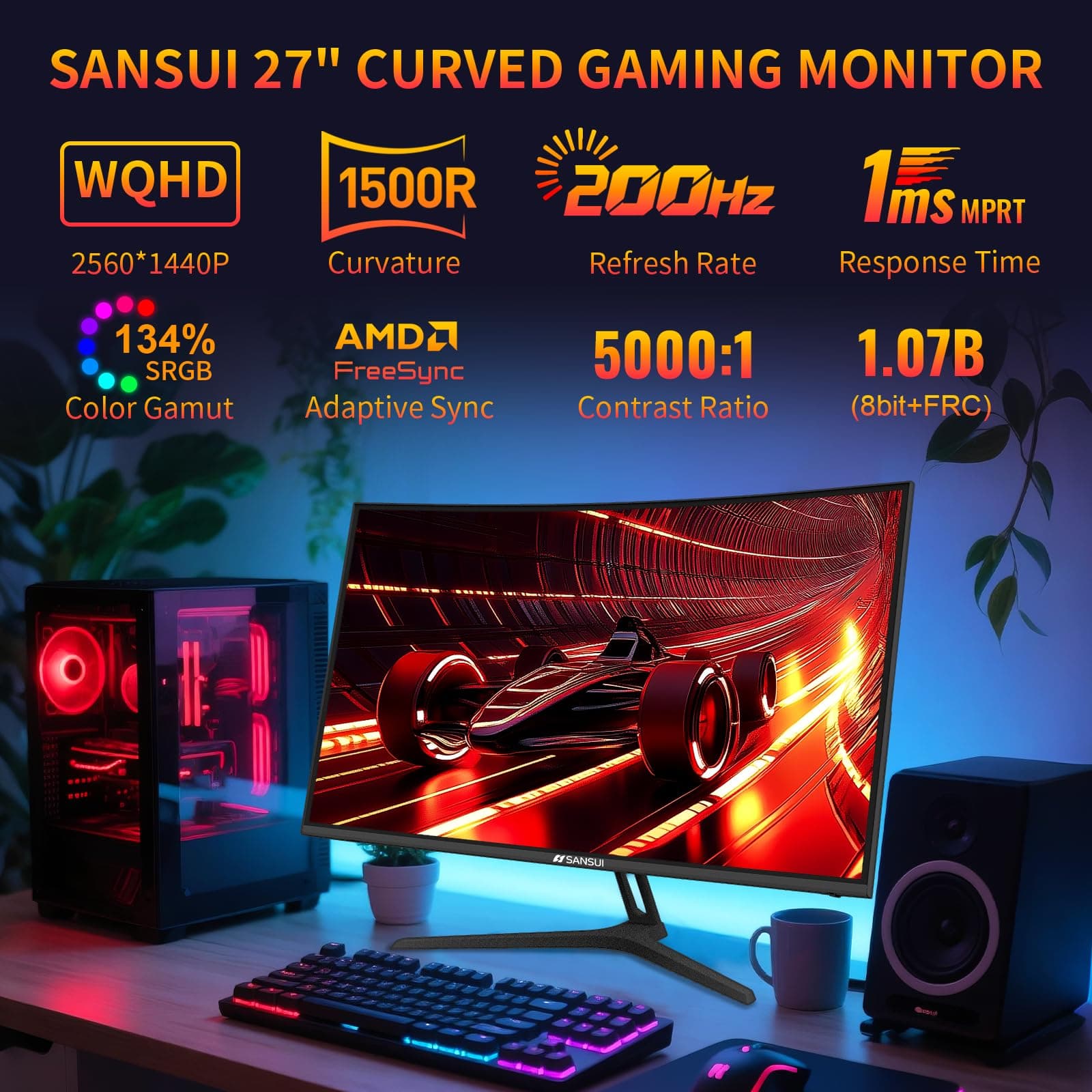 SANSUI 27 Inch WQHD 2560X1440 Curved Gaming Monitor 200Hz MPRT 1ms, view 2