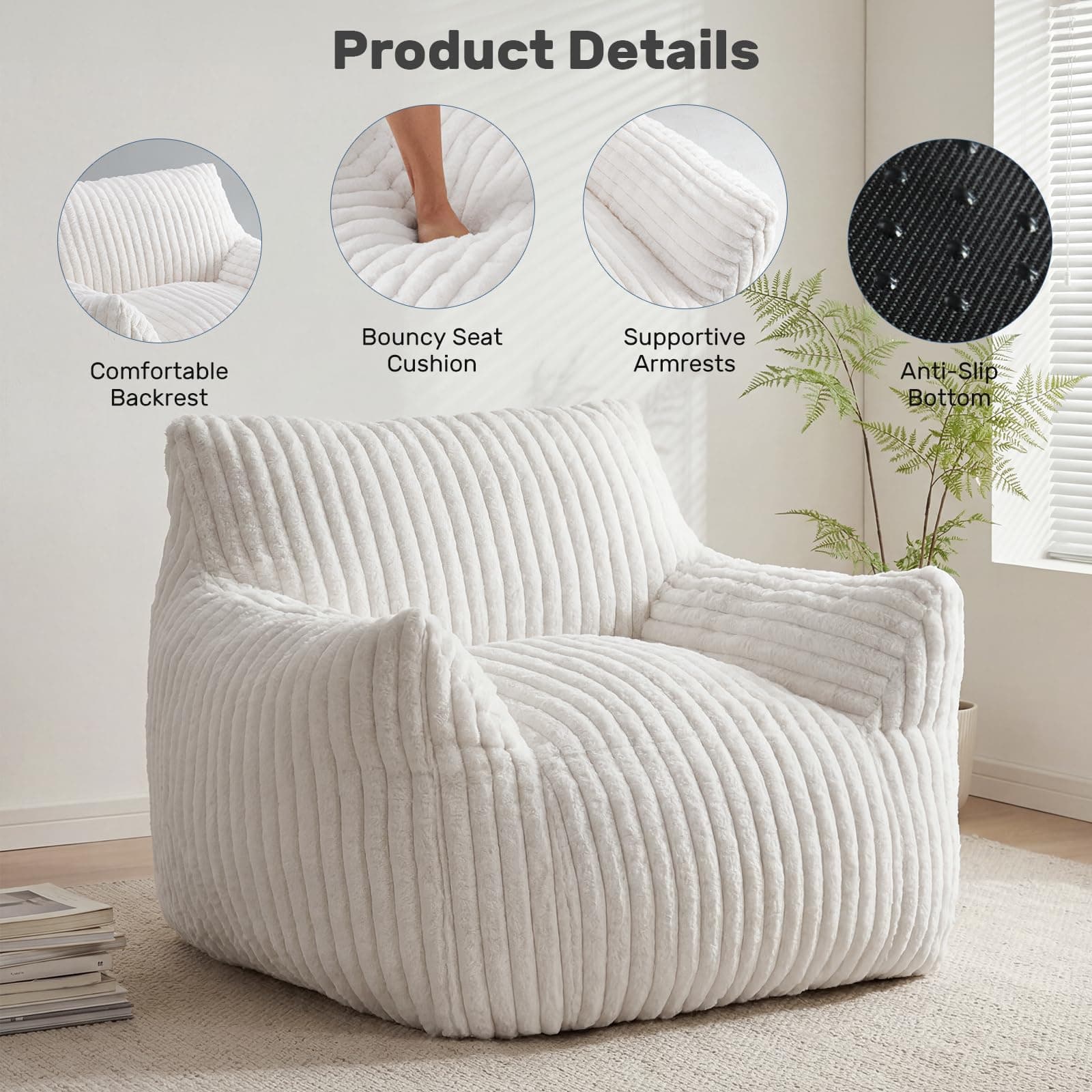 DUMOS Giant Soft Bean Bag Chair with Memory Foam Filling for Adults, Kids, view 3