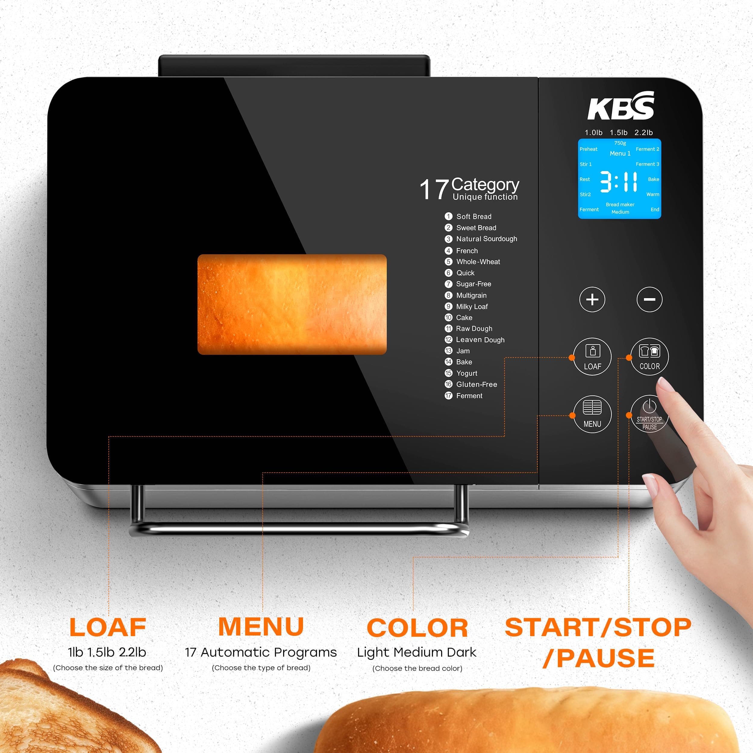 KBS Pro 710W 2.2LB Bread Maker, Stainless Steel 17-in-1 Smart Bread Machine with Healthy Ceramic Pan, Automatic Nut Dispenser, Tempered Glass Touch Panel, 3 Crust Colors, 15H Timer &Keep-Warm, Recipes, view 10