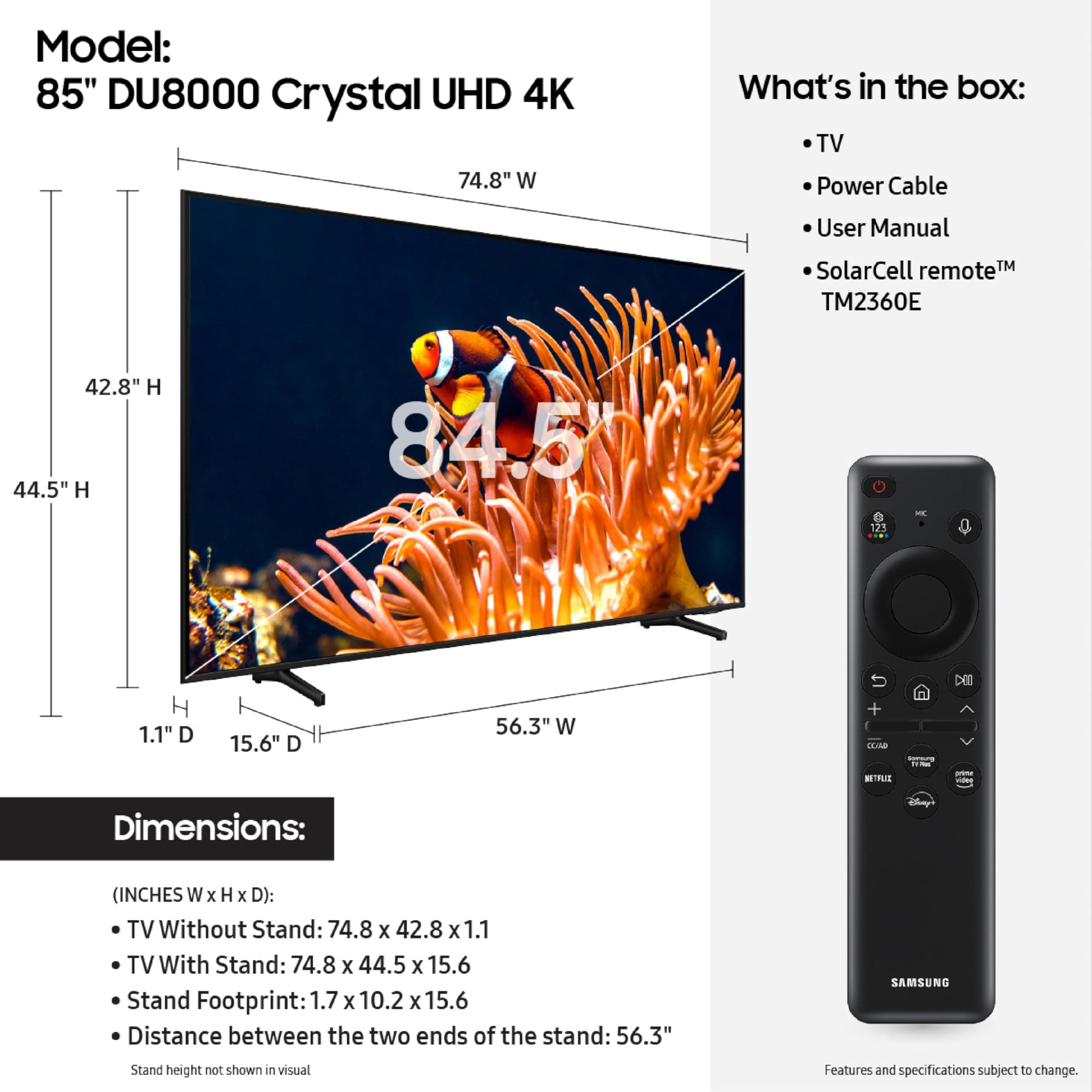 Samsung 85-Inch Class 4K Crystal UHD DU8000 Series HDR Smart TV w/Object Tracking Sound Lite, Motion Xcelerator 120Hz, Ultra Slim Design, Gaming Hub, Alexa Built-in (UN85DU8000, 2024 Model), view 2
