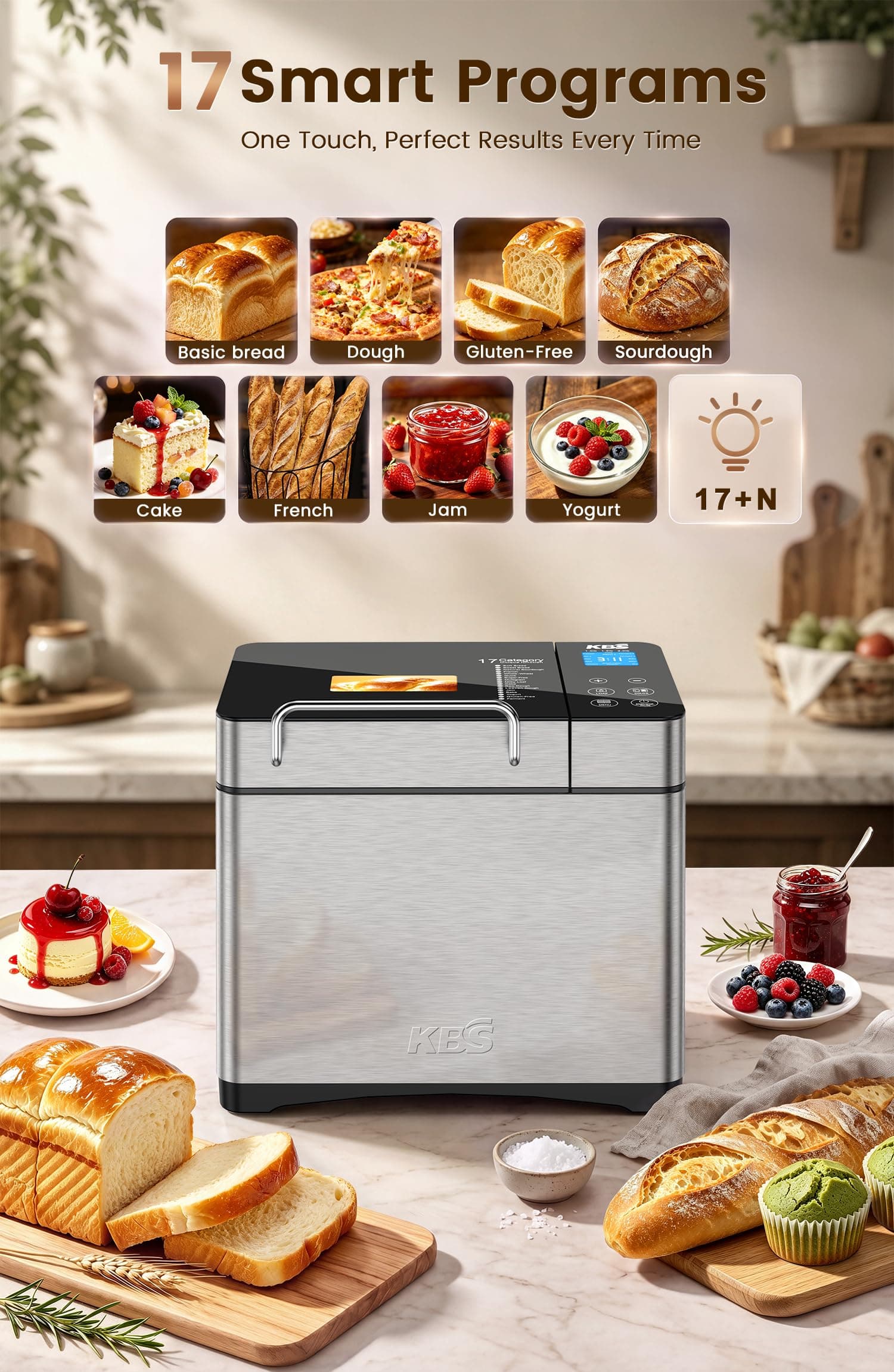 KBS Pro 710W 2.2LB Bread Maker, Stainless Steel 17-in-1 Smart Bread Machine with Healthy Ceramic Pan, Automatic Nut Dispenser, Tempered Glass Touch Panel, 3 Crust Colors, 15H Timer &Keep-Warm, Recipes, view 2