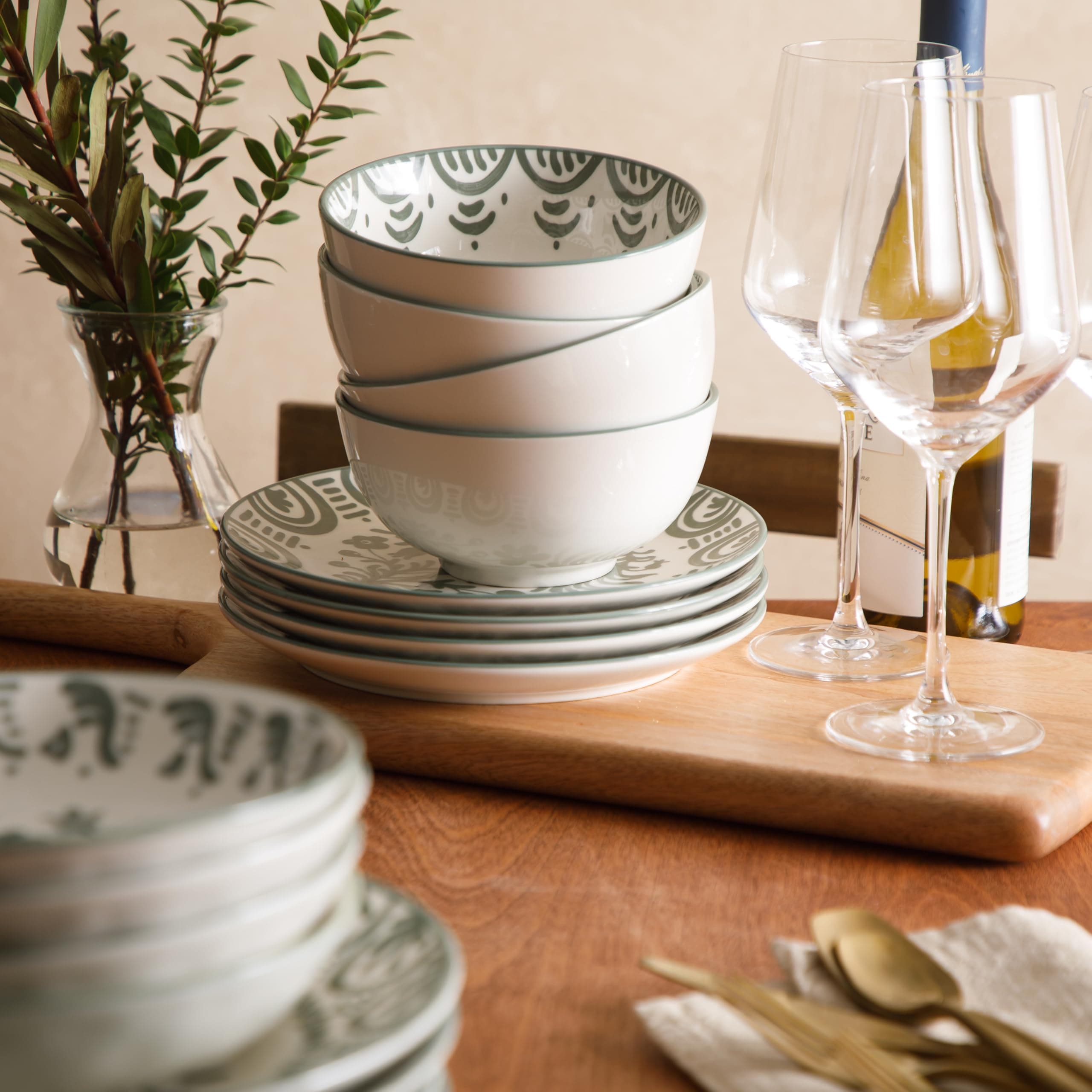 Bloomhouse - 2-Time Oprah’s Favorite Things - Valencia Flor 16 Piece Dinnerware Set, Artisanal Decorated Stoneware Plates & Bowls, Service for 4, Microwave & Dishwasher Safe, Fern Green, view 4