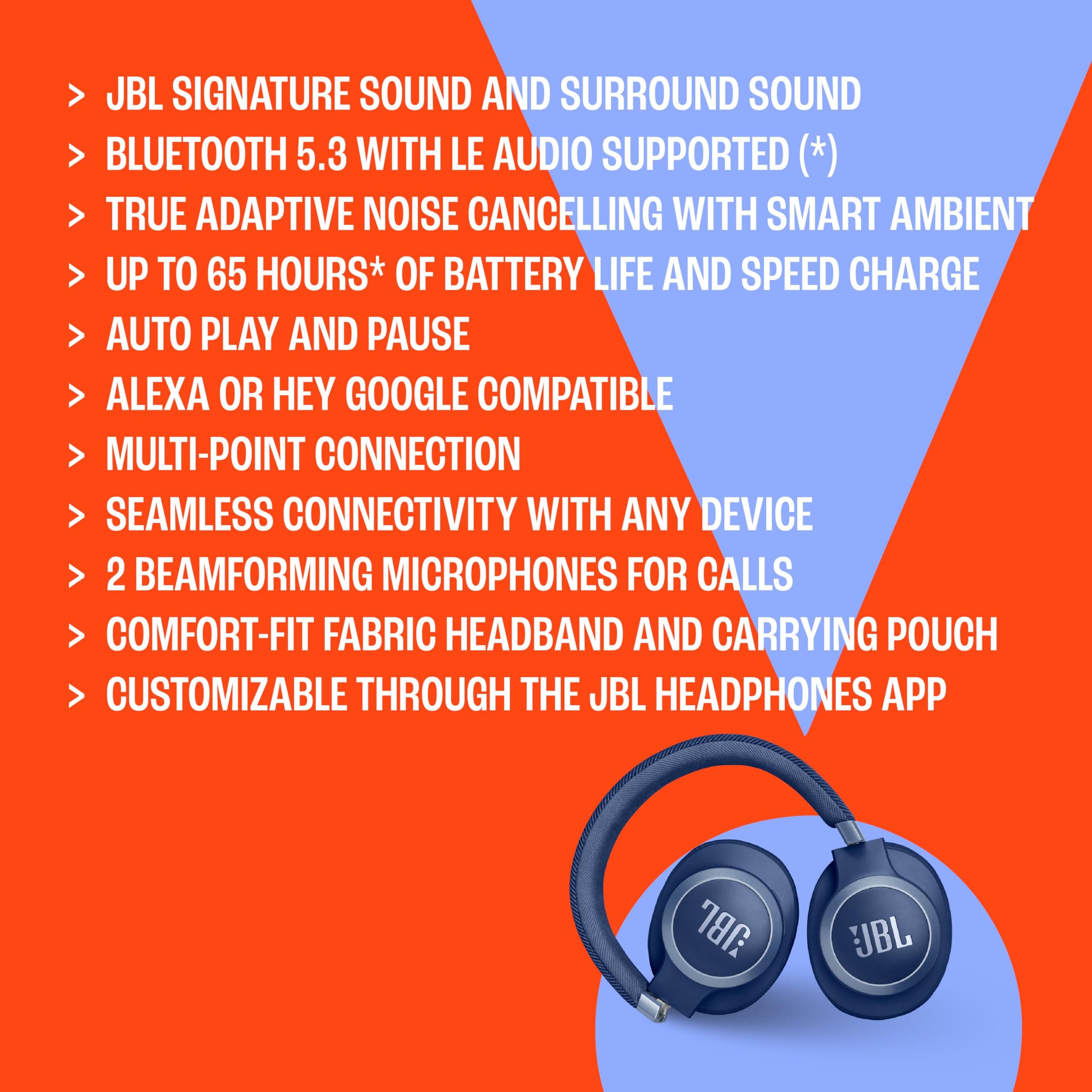 JBL Live 770NC - Wireless Over-Ear Headphones with True Adaptive Noise Cancelling with Smart Ambient, Up to 65 Hours of Battery Life, Comfort-fit Fabric Headband & Carrying Pouch (Black), view 6