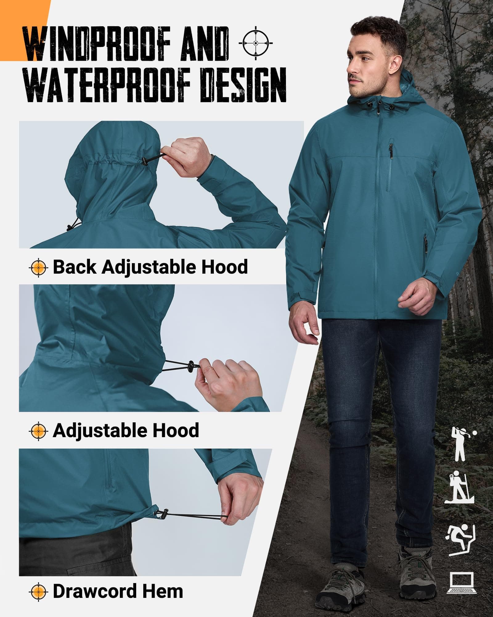 33,000ft Men's Packable Rain Jacket Waterproof Raincoat with Hood, view 5