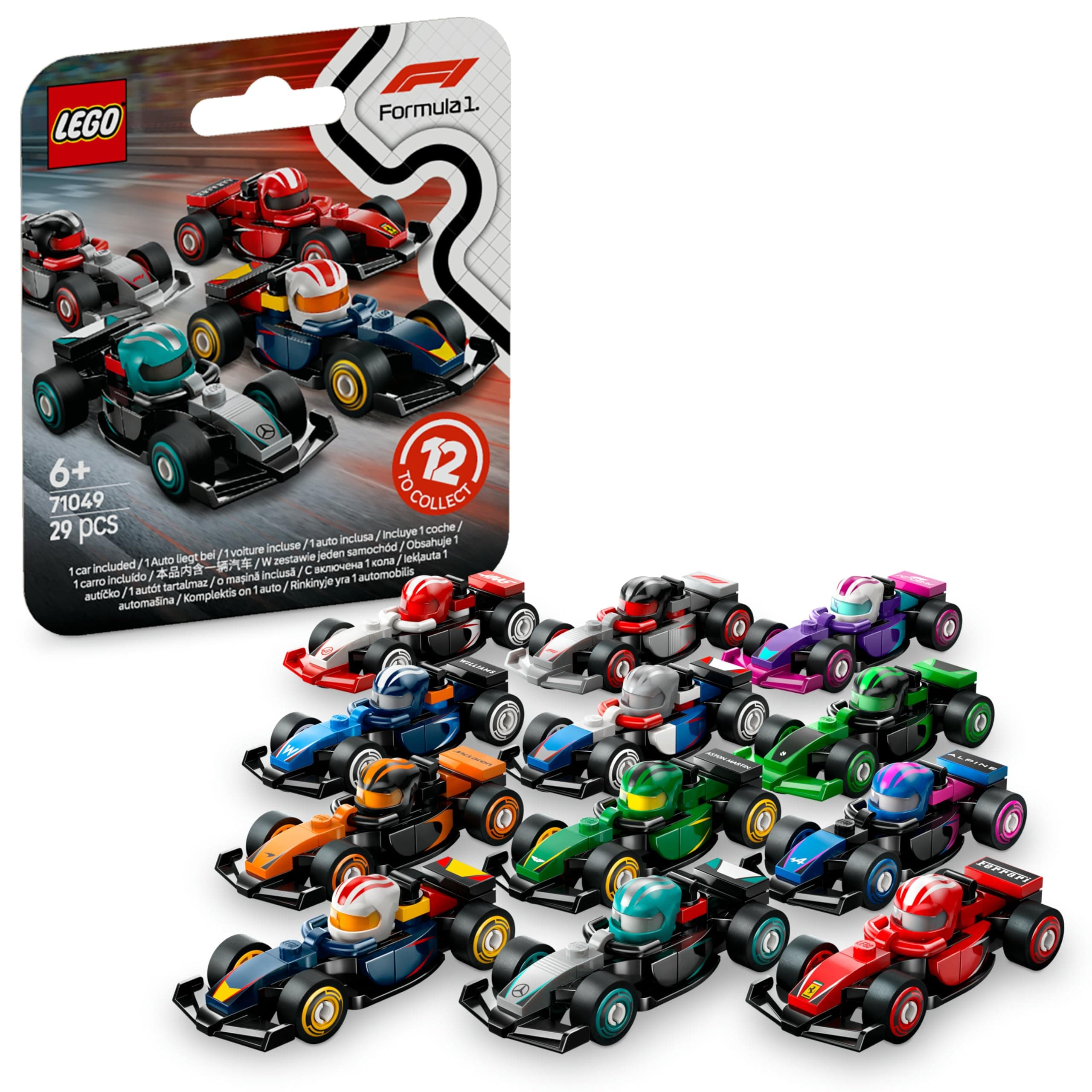 LEGO Coches de F1 Coleccionables de Juguete, 1 de 12 Miniaturas de Maqueta de Coche, Escuderías de Fórmula 1: Ferrari, Mercedes, McLaren, Red Bull, Caja Sorpresa para Niños y Niñas de 6+ Años 71049
