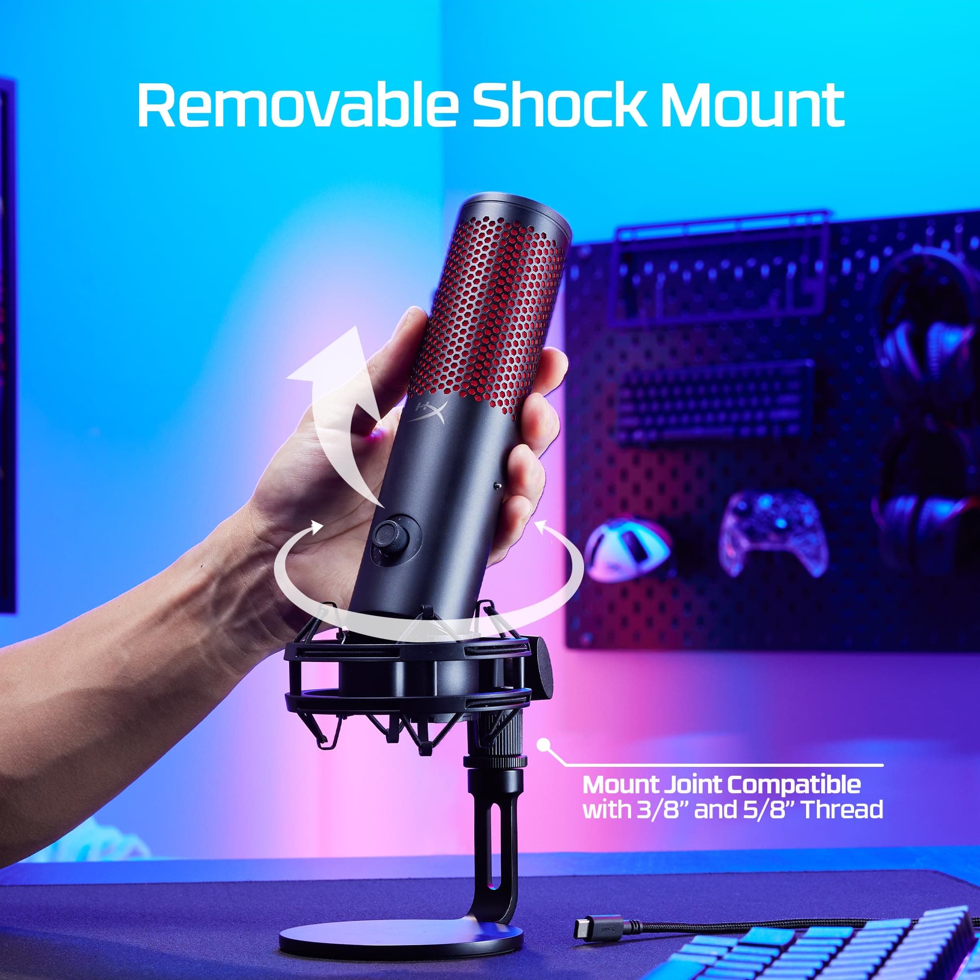 HyperX QuadCast 2 – USB Microphone for Gaming, Streaming and Podcasting, with On-Board Controls, LED Lighting, Removable Shock Mount, PC, Mac, PS5, PS4, USB-C - Black, view 6