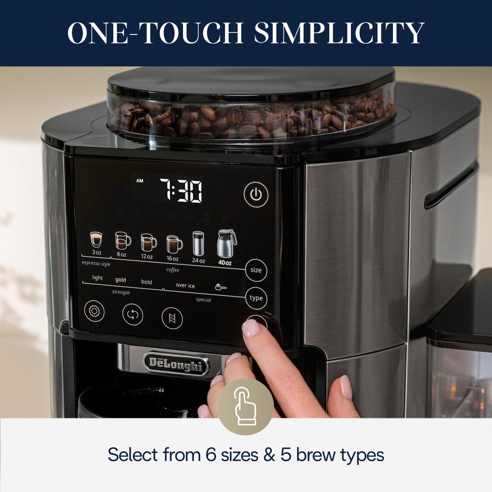 De'Longhi TrueBrew Drip Coffee Maker, Grinder, 8 to 40 oz, Built-In Grinder, view 3