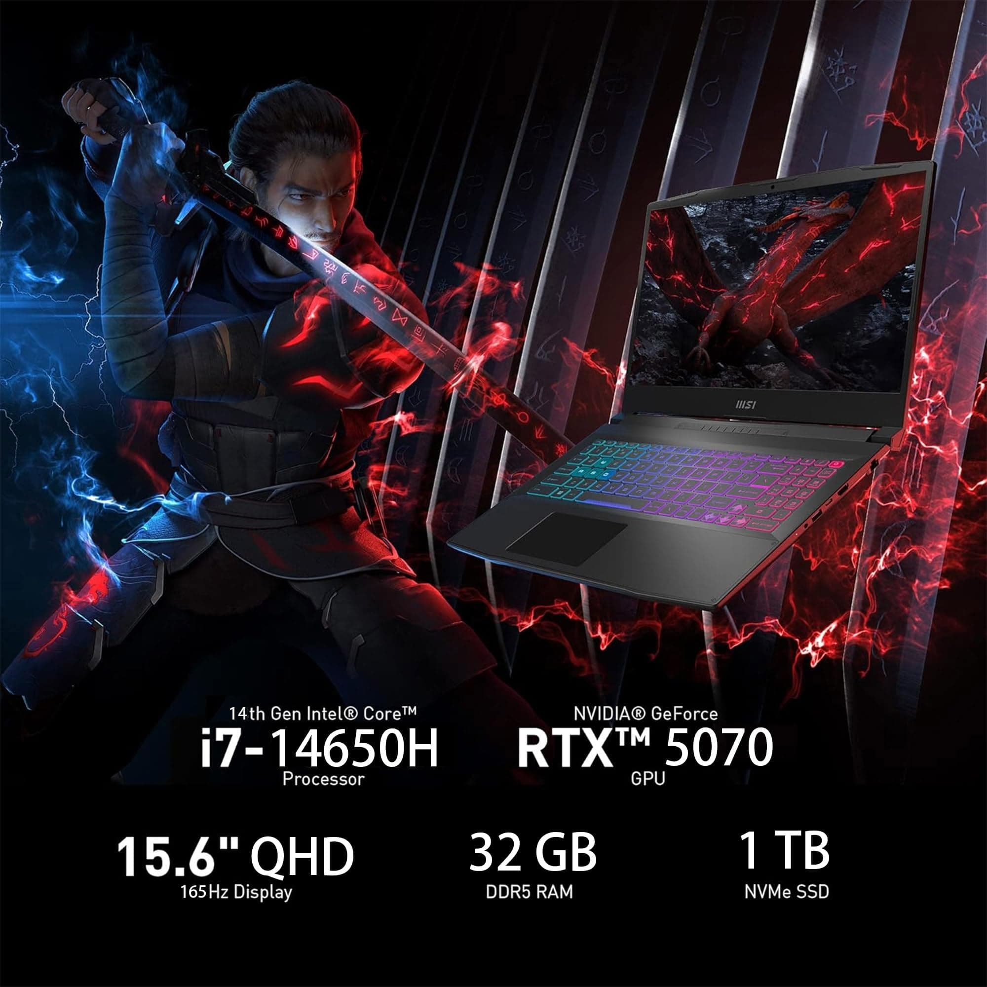 msi Katana 15 HX 15.6” 165Hz QHD Gaming Laptop: Intel Core i7-14650HX, NVIDIA Geforce RTX 5070, 32GB DDR5, 1TB NVMe SSD, RGB Keyboard, Windows 11 Pro, view 2