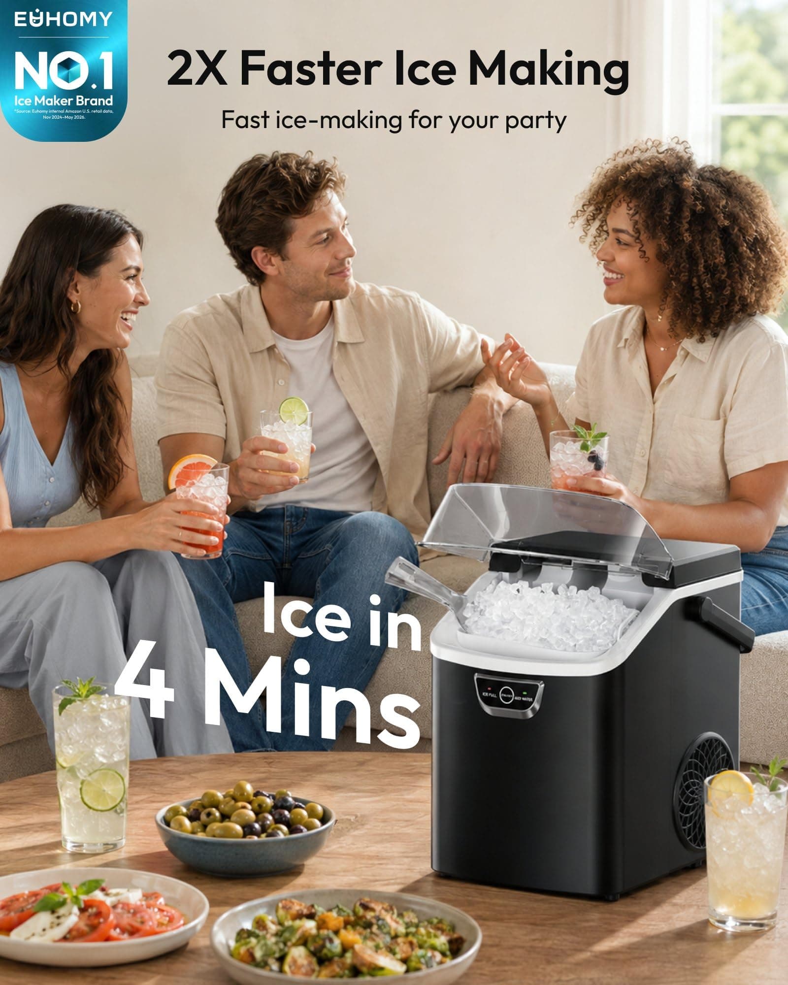 EUHOMY Nugget Ice Maker Countertop with Handle, Max 40lbs Daily Sonic Ice, view 2