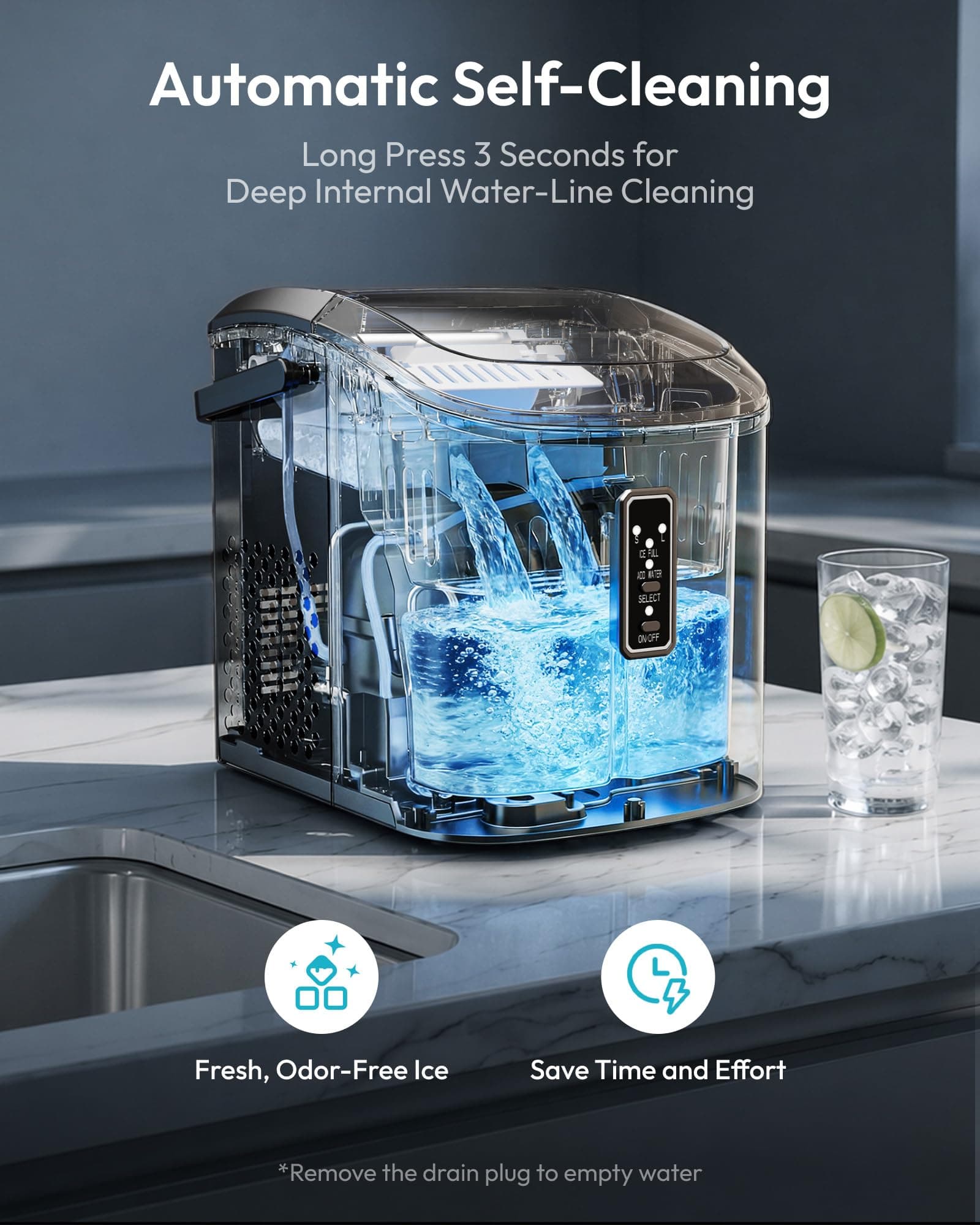 EUHOMY Ice Maker Countertop, 9 Cubes Ready in 6 Mins, 26lbs/24H, Self-Cleaning, Portable Ice Maker Machine with Carry Handle, Basket and Scoop, 2 Sizes of Bullet Ice for Home, Kitchen, Office, view 7