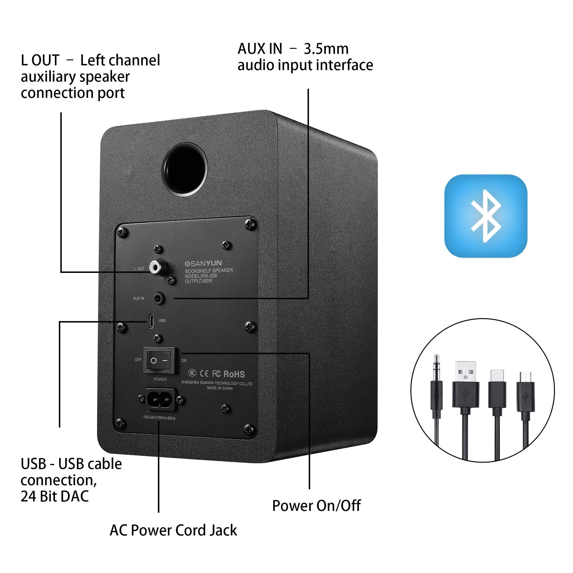 Sanyun SW208 3" Active Bluetooth 5.0 Bookshelf Speakers, Built-in 24bit DAC, view 4