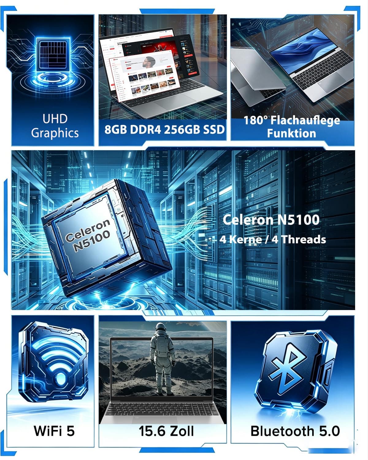 Molegar 2026 Laptop 15.6 Zoll,8GB RAM 256GB SSD,N5100 Prozessor,FHD Display,Notebook mit Beleuchtete Tastatur und Fingerabdrucksensor für Studierende und Unternehmen, view 2