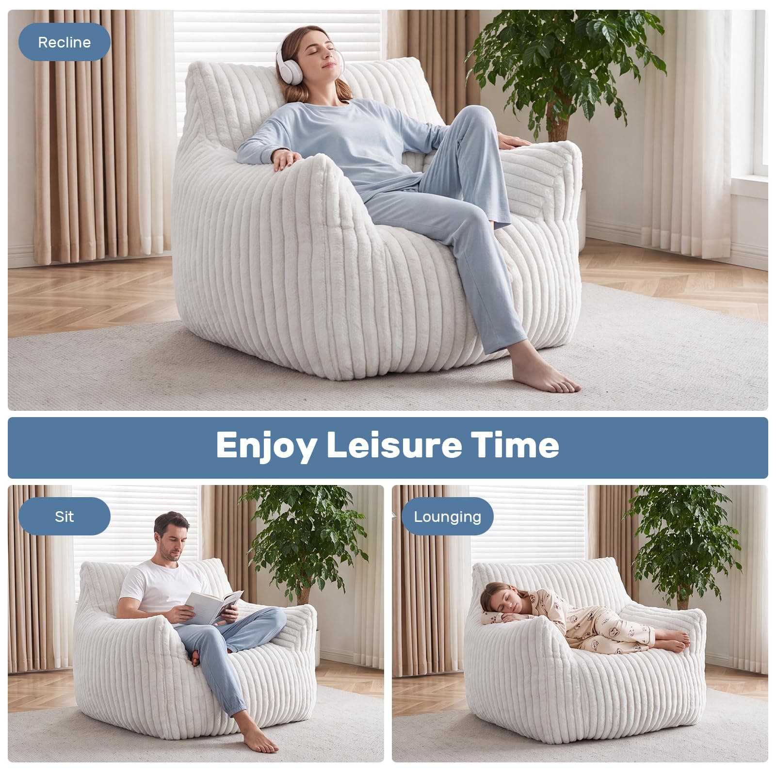 DUMOS Giant Soft Bean Bag Chair with Memory Foam Filling for Adults, Kids, view 7