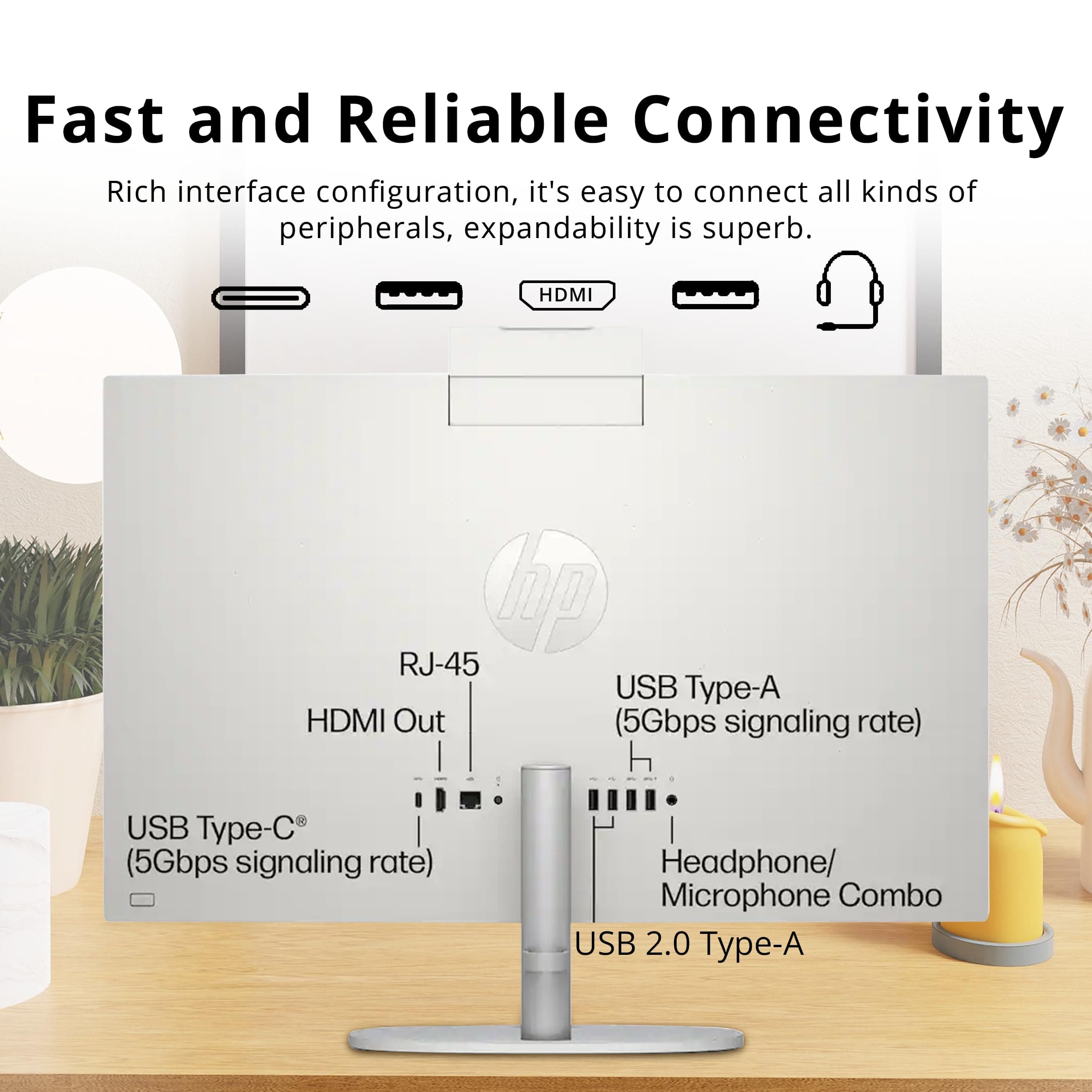 HP 27" FHD Touchscreen All-in-One Desktop, AMD Ryzen 5 7520U, 16GB LPDDR5, 672GB Storage (512GB SSD+160GB Docking Station), FHD IR Camera, Wi-Fi 6, Wireless Keyboard & Mouse, Windows 11 Pro, White, view 9