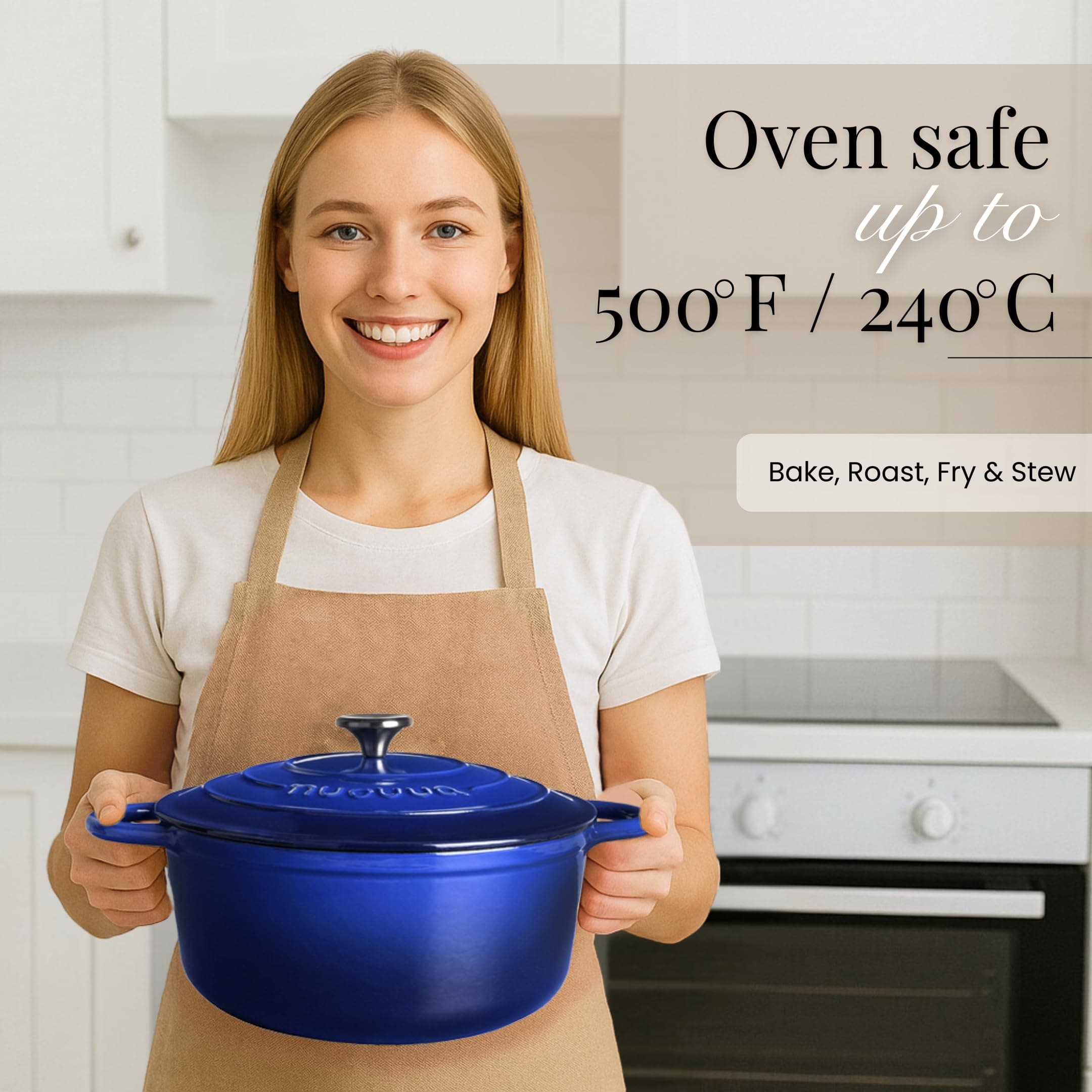 Nuovva Enamelled Cast Iron Dutch Oven Pot with Lid-6.4 Quart Non Stick Casserole Pot-Heavy Duty & Oven Safe up to 500° F for Bread Baking, Braising, Stews, Roasting - 28cm Dark Blue, view 6
