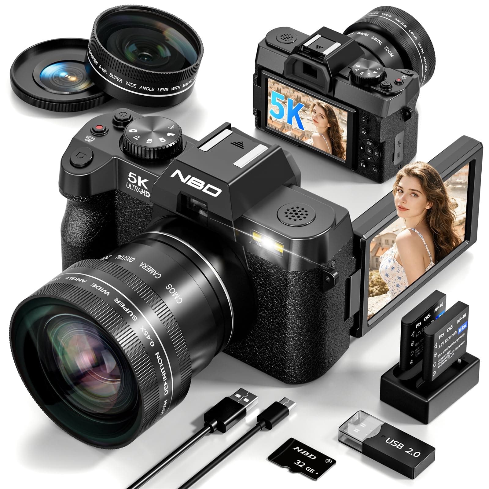 True 5K 64MP Digital Camera for Photography(Black)