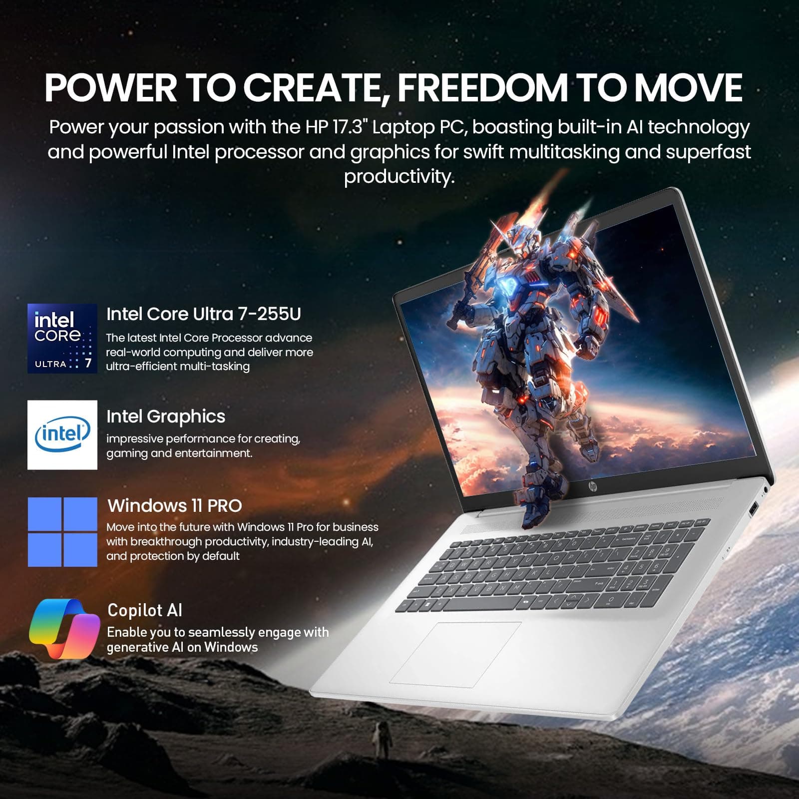 2026 HP 17 Inch Laptop Touchscreen Computer, 17.3 HD+ IPS Touch screen Business Laptop AI PC, 15th Gen Intel Core Ultra 7(12-Core), 16GB DDR5 RAM 512GB SSD|Windows 11 Pro,10-Key Backlit Keyboard|WiFi6, view 3
