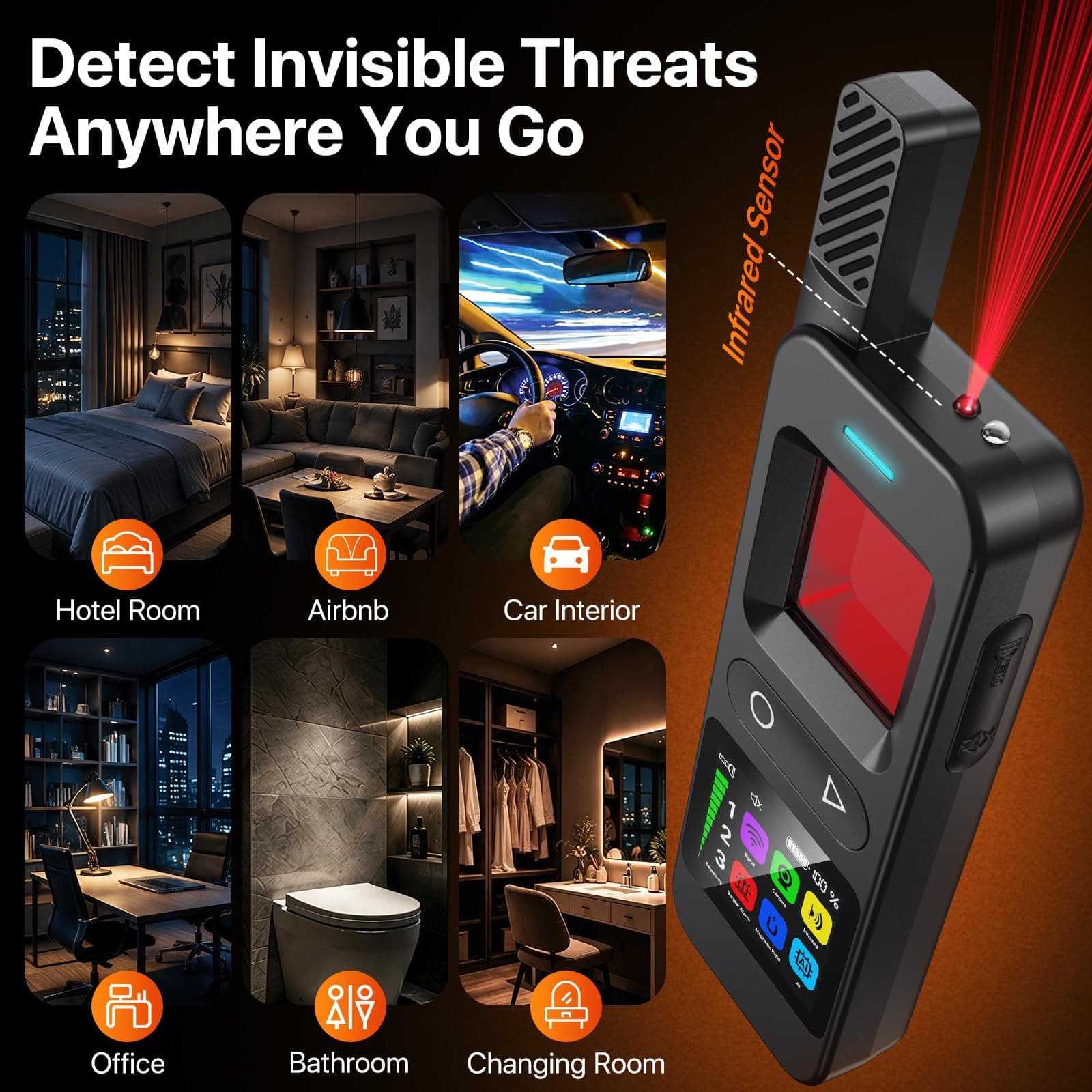 7-in-1 Hidden Camera Detector, Spy Camera Finder, Magnetic GPS Tracker Detector, Anti-Theft Alarm with Built-in Flashlight, Rechargeable Privacy Protection Device for Hotel, Car, Office Travel Black, view 3