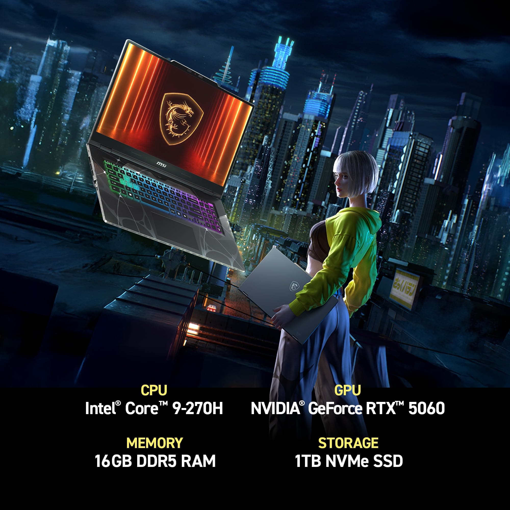 msi Cyborg 17 17.3" FHD 144Hz Gaming Laptop: Intel Core 7-240H, NVIDIA Geforce RTX 5060, 16GB DDR5, 1TB NVMe SSD, Type C, Wi-Fi 6E, Win 11 Home: Translucent Black B2RWFKG-074US, view 2