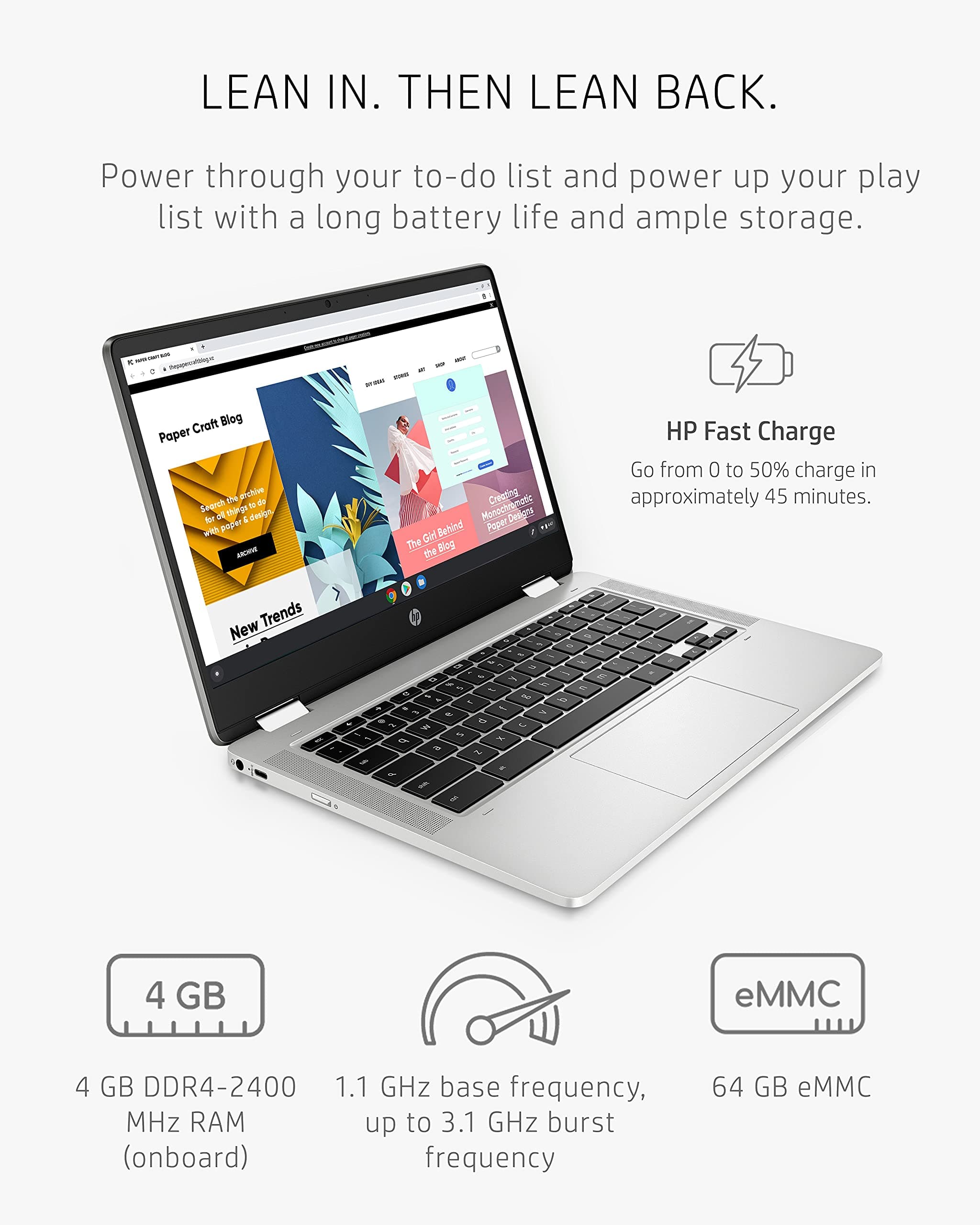 HP Chromebook x360 14a 2-in-1 Laptop, Intel Pentium Silver N5030, 4 GB RAM, 64 GB eMMC, 14” HD Micro-Edge Touchscreen, Chrome OS, 720p Webcam, Dual Speakers, Long Battery Life (14a-ca0023nr, 2021), view 3