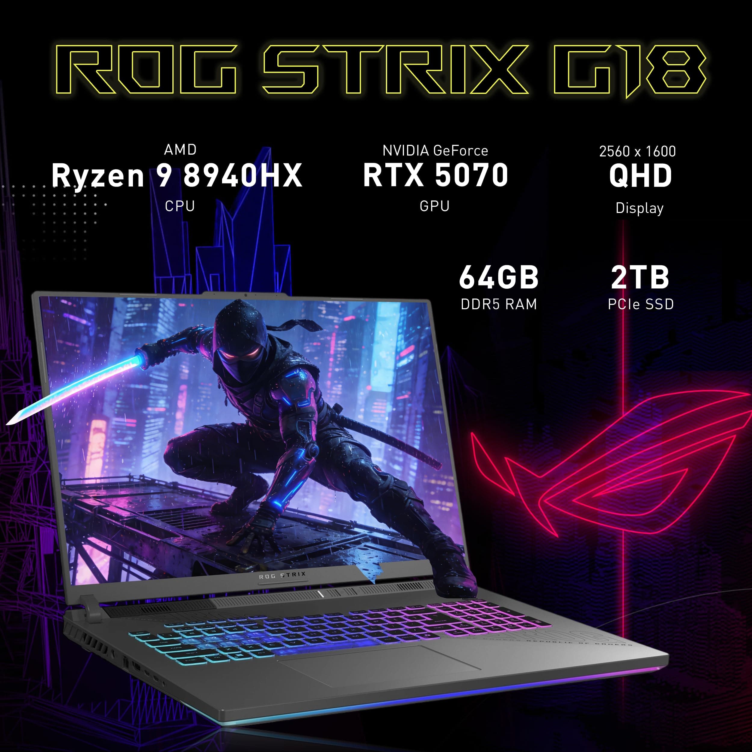 ASUS ROG Strix G18 Gaming Laptop, NVIDIA GeForce RTX 5070, AMD Ryzen 9 7940HX, 64GB RAM, 3TB Storage(2TB SSD+1TB Docking Station), 18" 2.5K 240Hz Display, Backlit Keyboard, Win 11 Pro, Gray, view 2