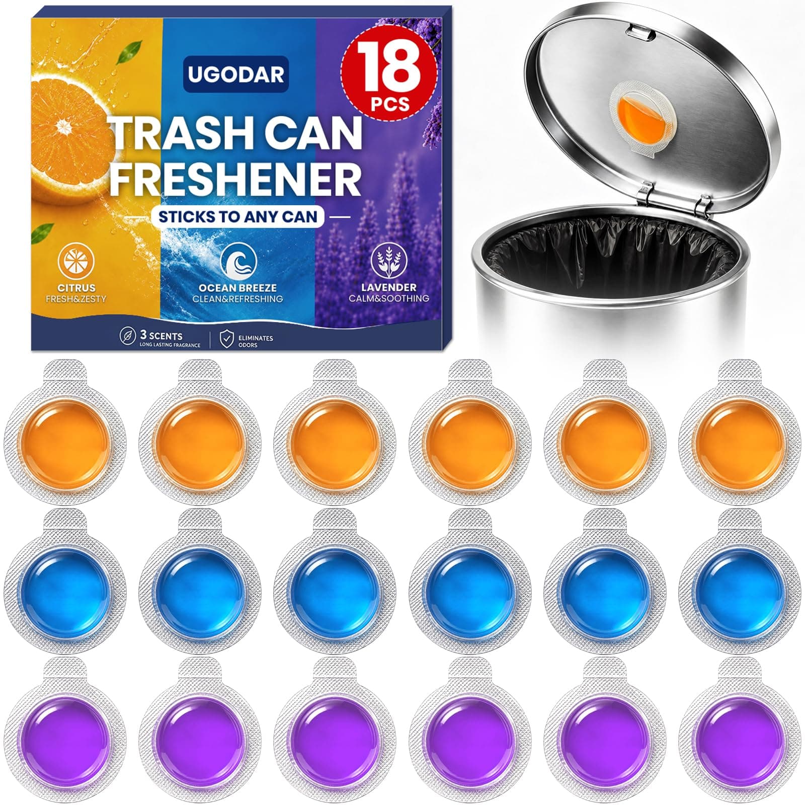 18 Pack Trash Can Deodorizer, Stick-On Air Freshener, 3 Fresh Scents