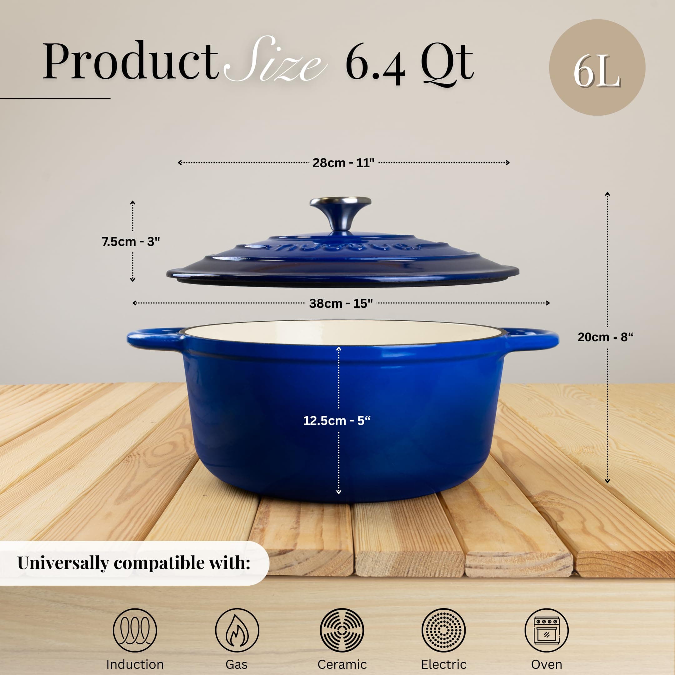 Nuovva Enamelled Cast Iron Dutch Oven Pot with Lid-6.4 Quart Non Stick Casserole Pot-Heavy Duty & Oven Safe up to 500° F for Bread Baking, Braising, Stews, Roasting - 28cm Dark Blue, view 3