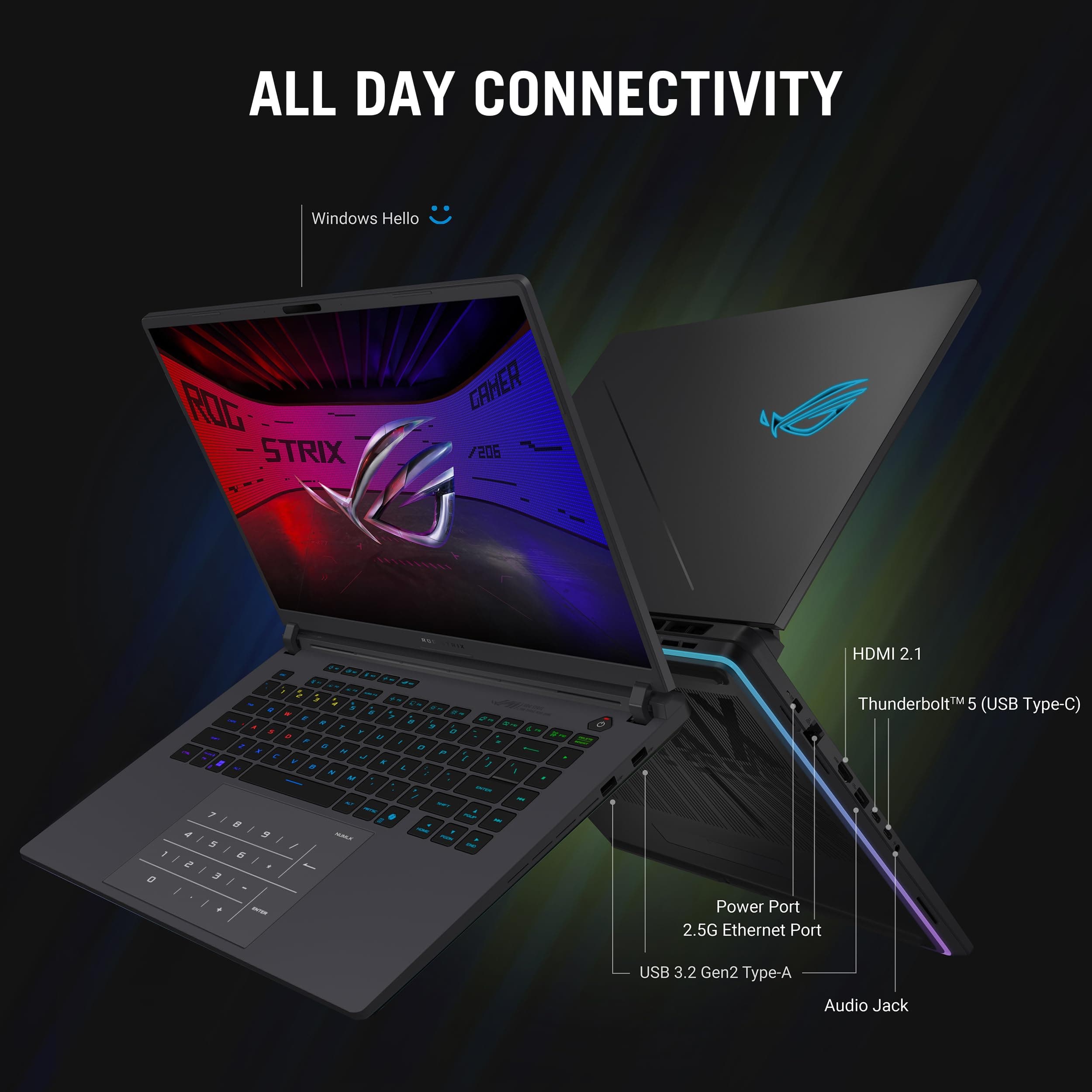 ASUS ROG Strix G16 (2025) Gaming Laptop, 16” ROG Nebula 16:10 2.5K 240Hz/3ms, NVIDIA® GeForce RTX™ 5070 Ti, Intel® Core™ Ultra 9 Processor 275HX, 32GB DDR5, 1TB SSD, Wi-Fi 7, Win11 Home, G615LR-AS96, view 5