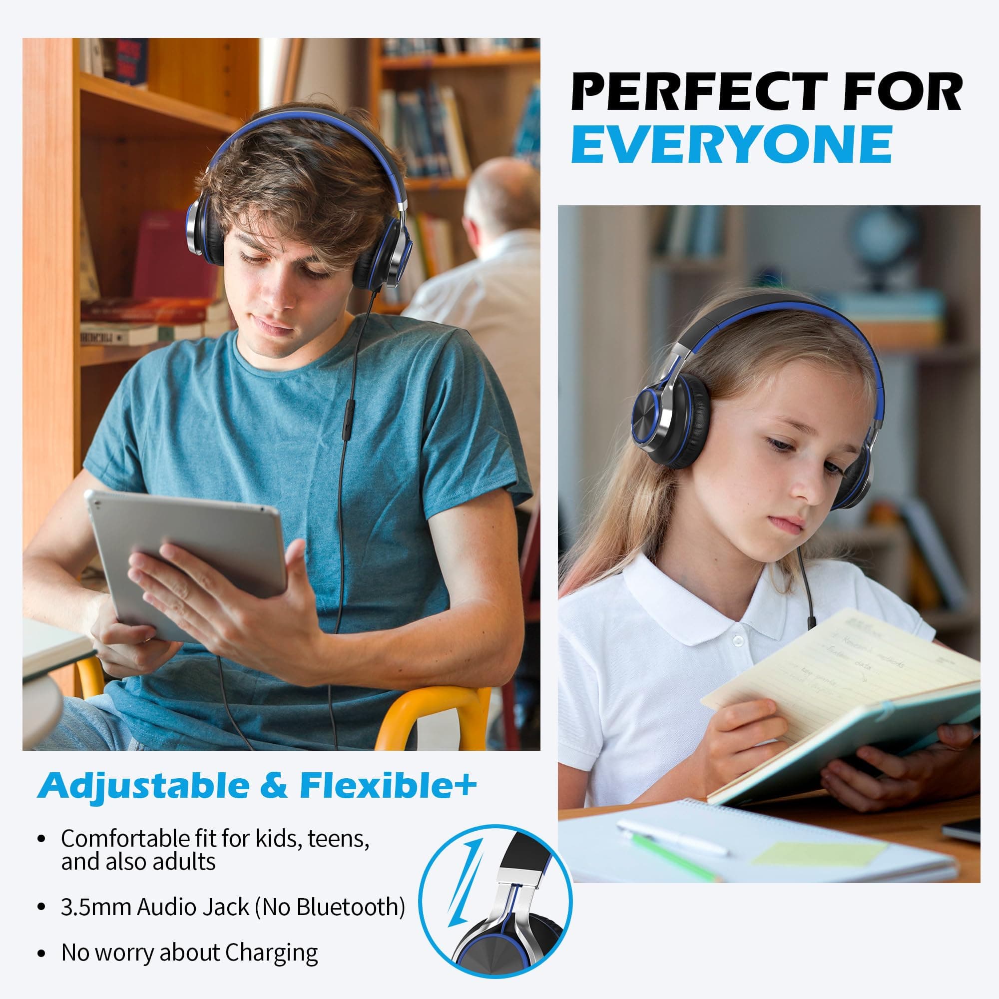 AILIHEN C8 Kids Wired Headphones with Mic for School, 3.5mm Jack, BlackBlue, view 2