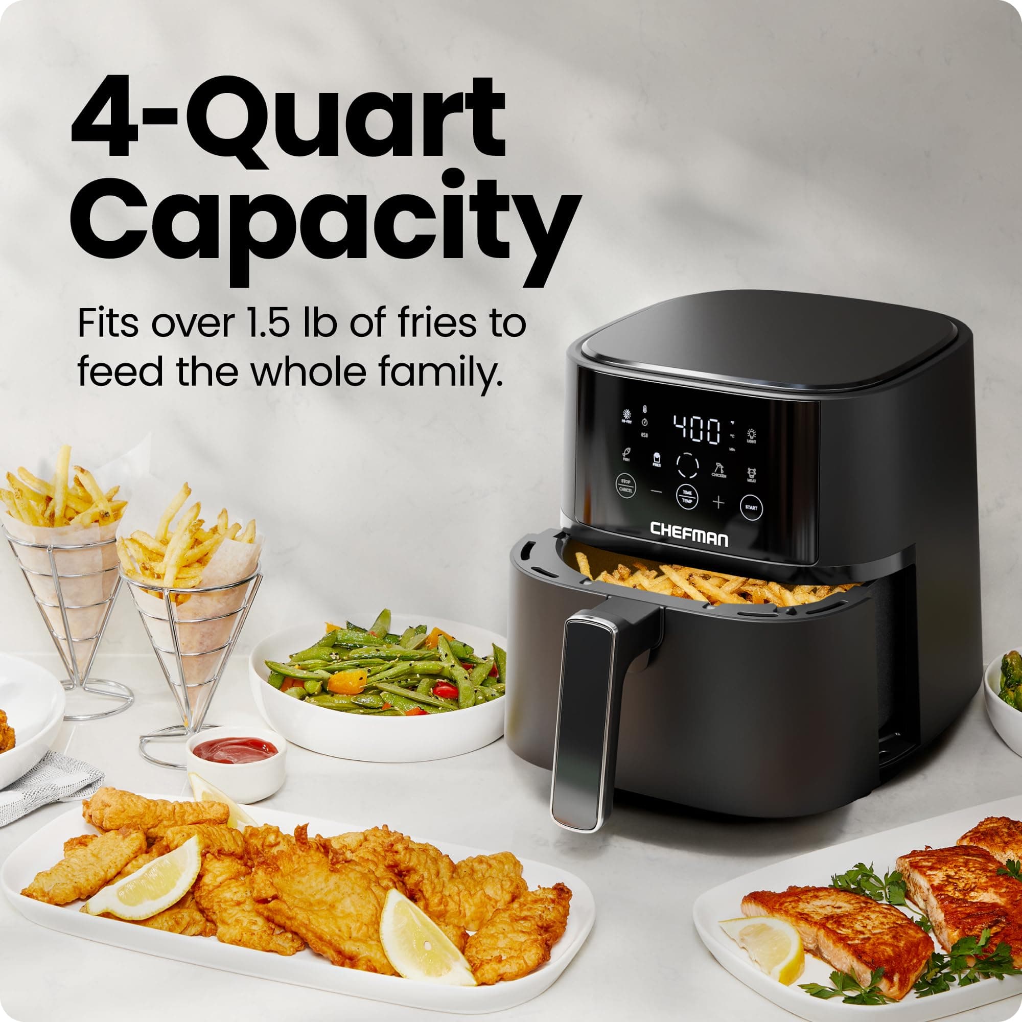 Chefman Air Fryer – 4 QT Compact Airfryer for Quick & Easy Meals in Minutes, Features Hi-Fry Technology for Extra Crisp, Touchscreen Controls with 4 Presets, Nonstick & Dishwasher Safe Basket - Black, view 3