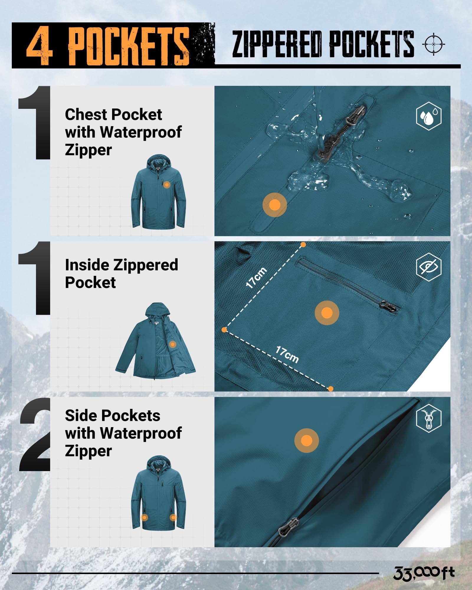 33,000ft Men's Packable Rain Jacket Waterproof Raincoat with Hood, view 4