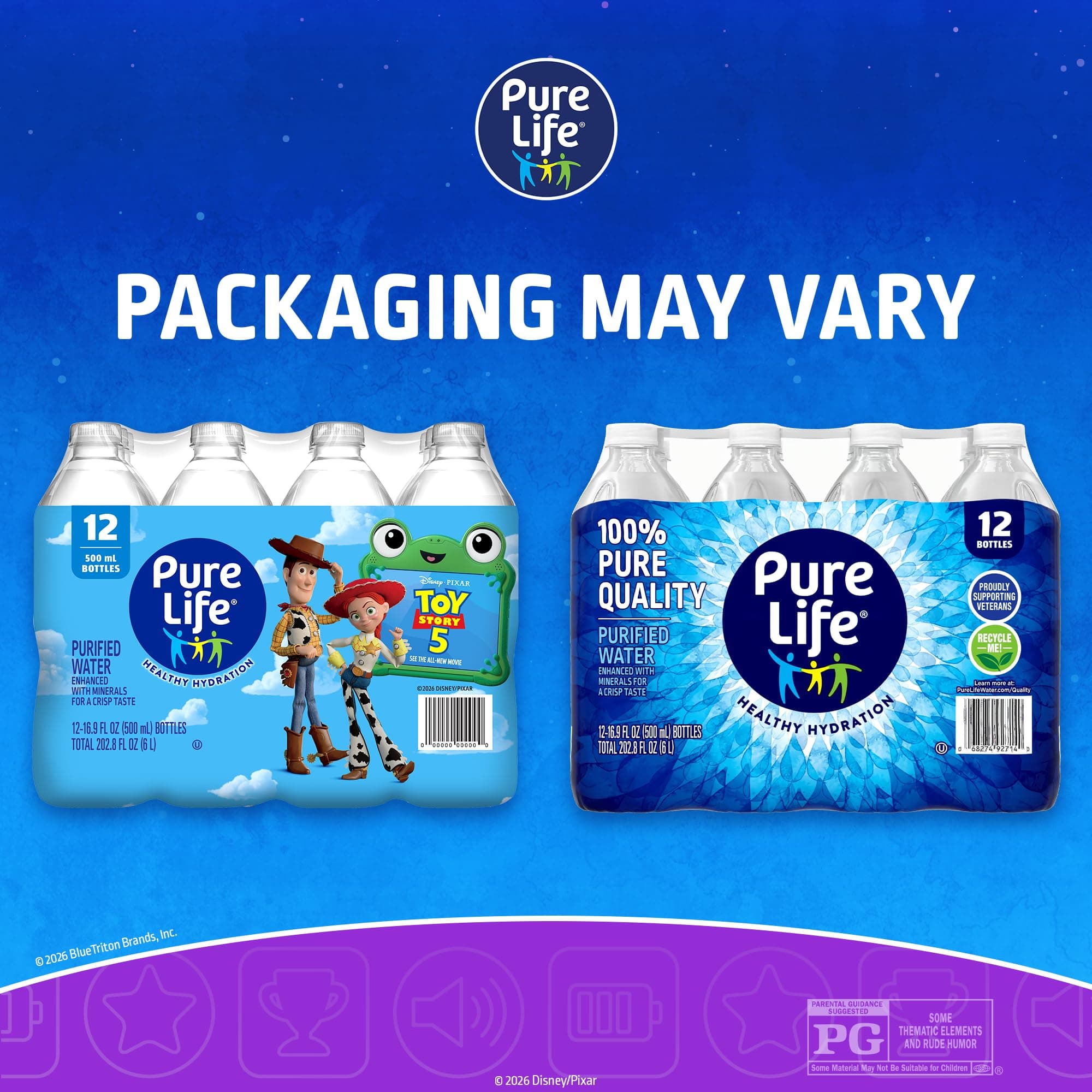 Pure Life Purified Bottled Water, 12 Pack - Still Drinking Water Enhanced with Minerals for a Crisp Taste - 16.9 Fl Oz - Toy Story 5 Packaging Graphics, view 2