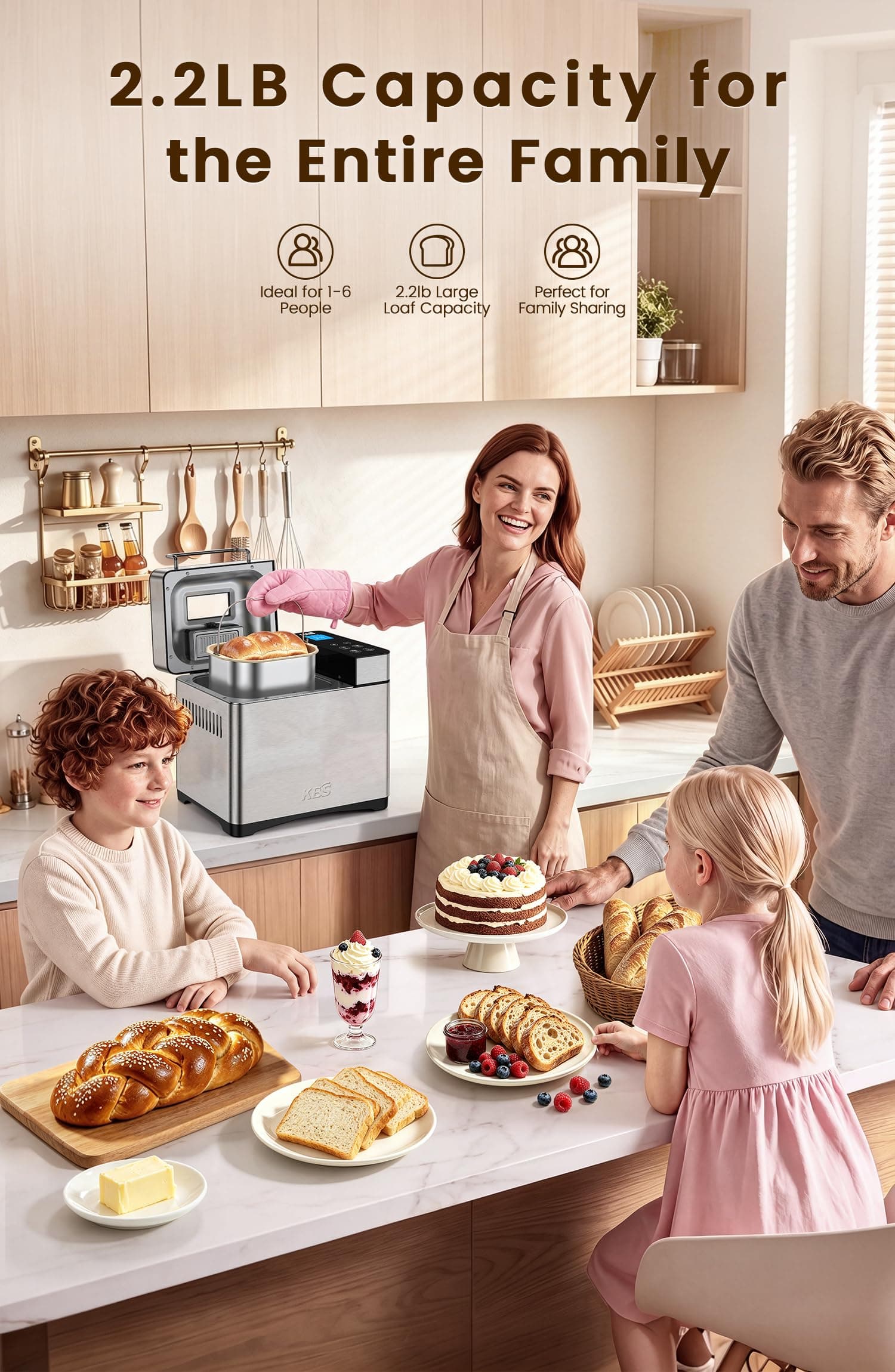 KBS Pro 710W 2.2LB Bread Maker, Stainless Steel 17-in-1 Smart Bread Machine with Healthy Ceramic Pan, Automatic Nut Dispenser, Tempered Glass Touch Panel, 3 Crust Colors, 15H Timer &Keep-Warm, Recipes, view 8