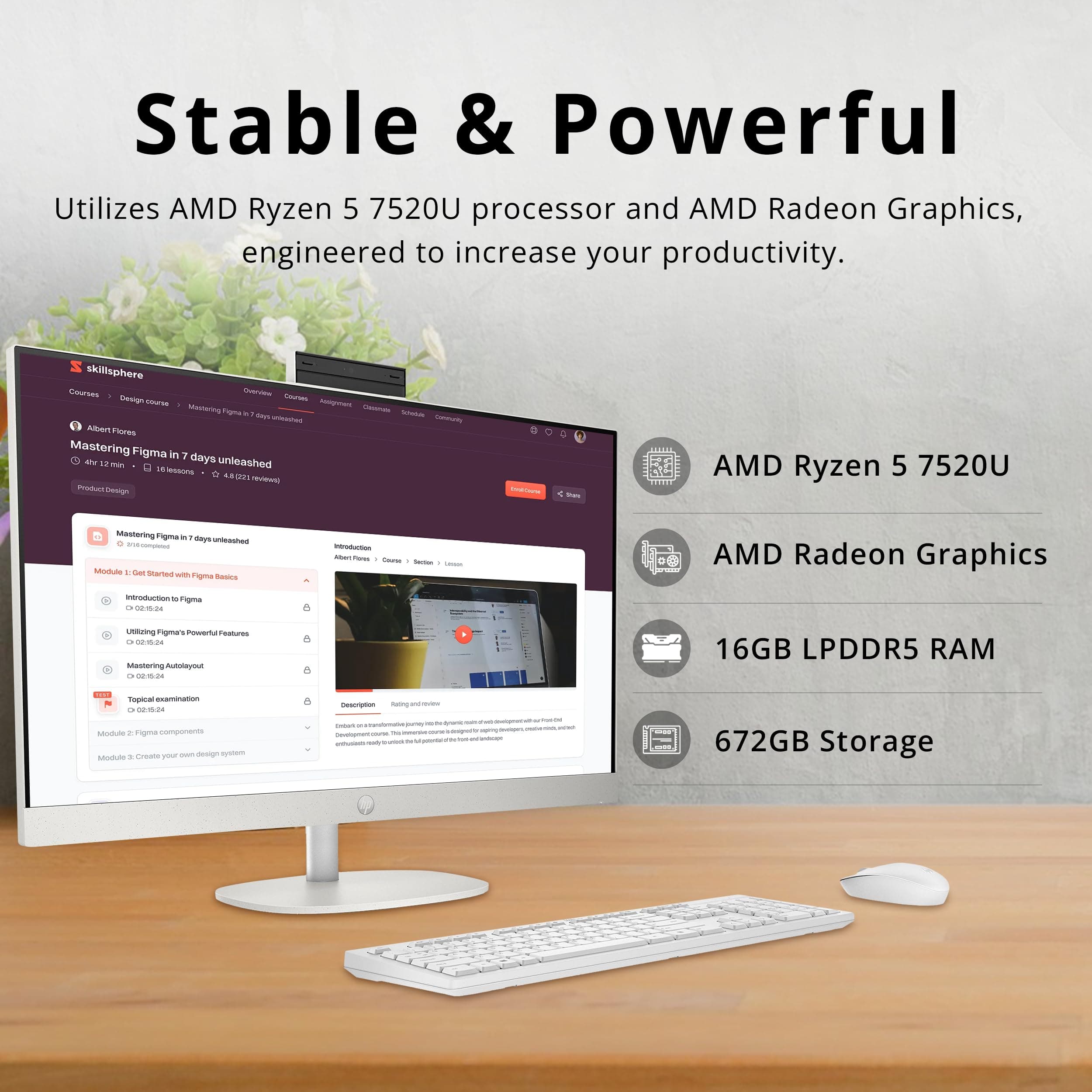 HP 27" FHD Touchscreen All-in-One Desktop, AMD Ryzen 5 7520U, 16GB LPDDR5, 672GB Storage (512GB SSD+160GB Docking Station), FHD IR Camera, Wi-Fi 6, Wireless Keyboard & Mouse, Windows 11 Pro, White, view 3